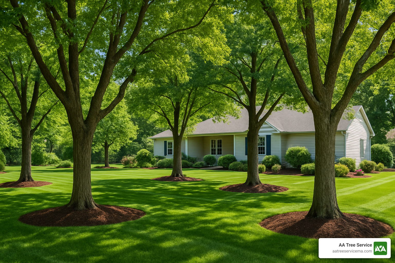 Beautiful residential yard after professional tree service showing healthy, well-maintained trees - Newton Ma Tree Company