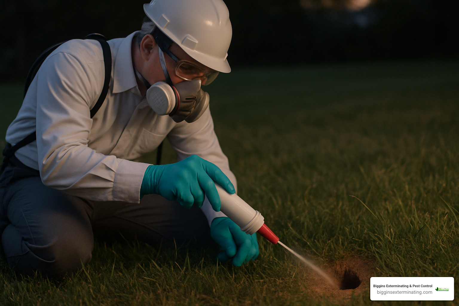 professional applying insecticidal dust to cicada killer burrow at dusk - treatment for cicada killer wasps