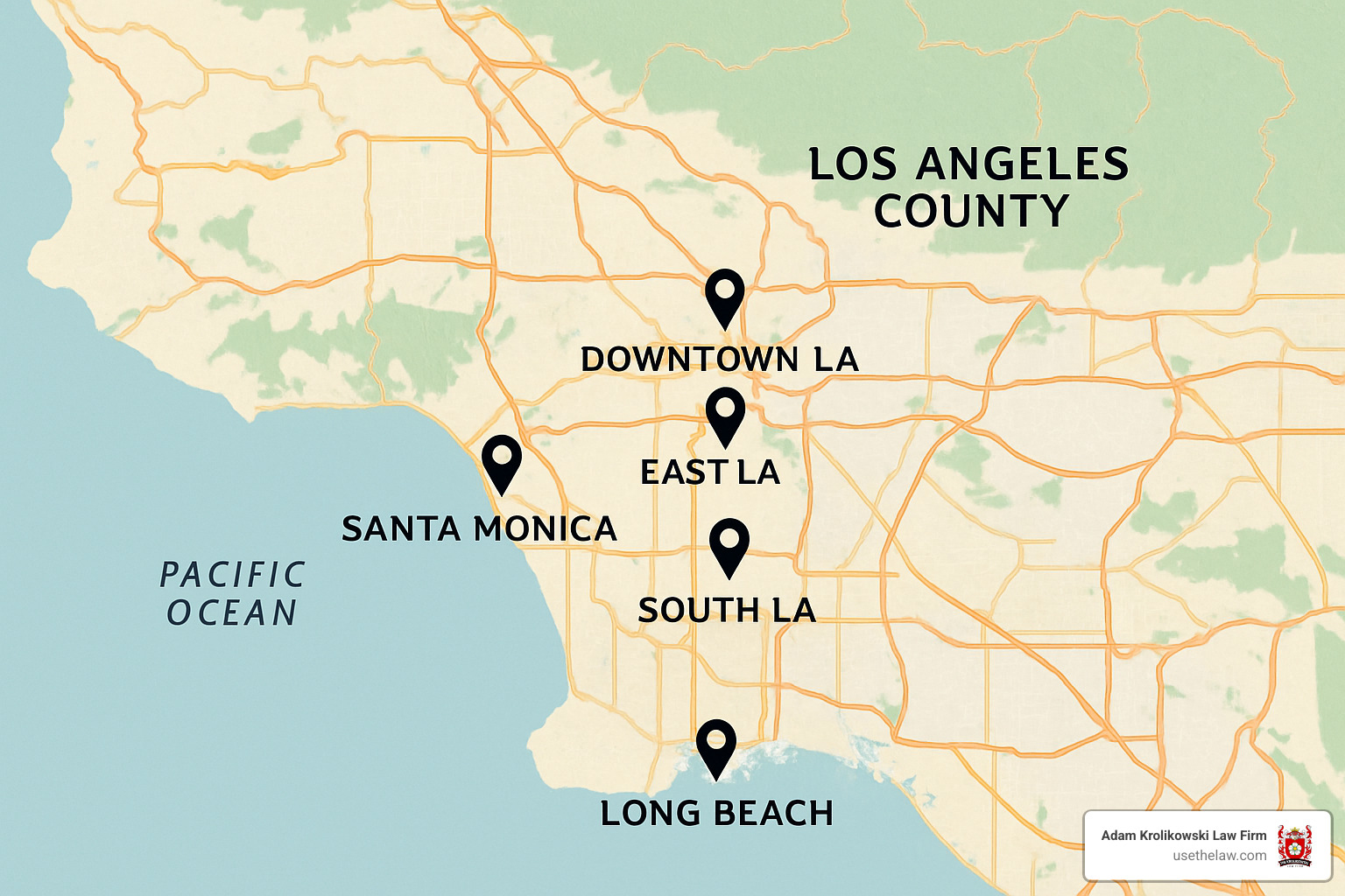 Map showing locations of major pro bono legal aid organizations throughout Los Angeles County, including downtown LA, East LA, South LA, Long Beach, and Santa Monica offices - pro bono employment lawyers los angeles
