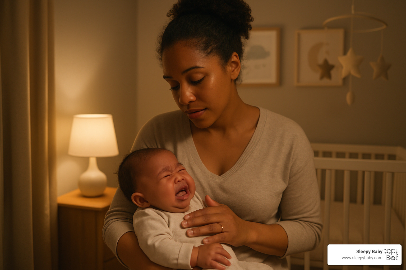 Caregiver gently soothing crying baby in nursery - 3 month old bedtime routine