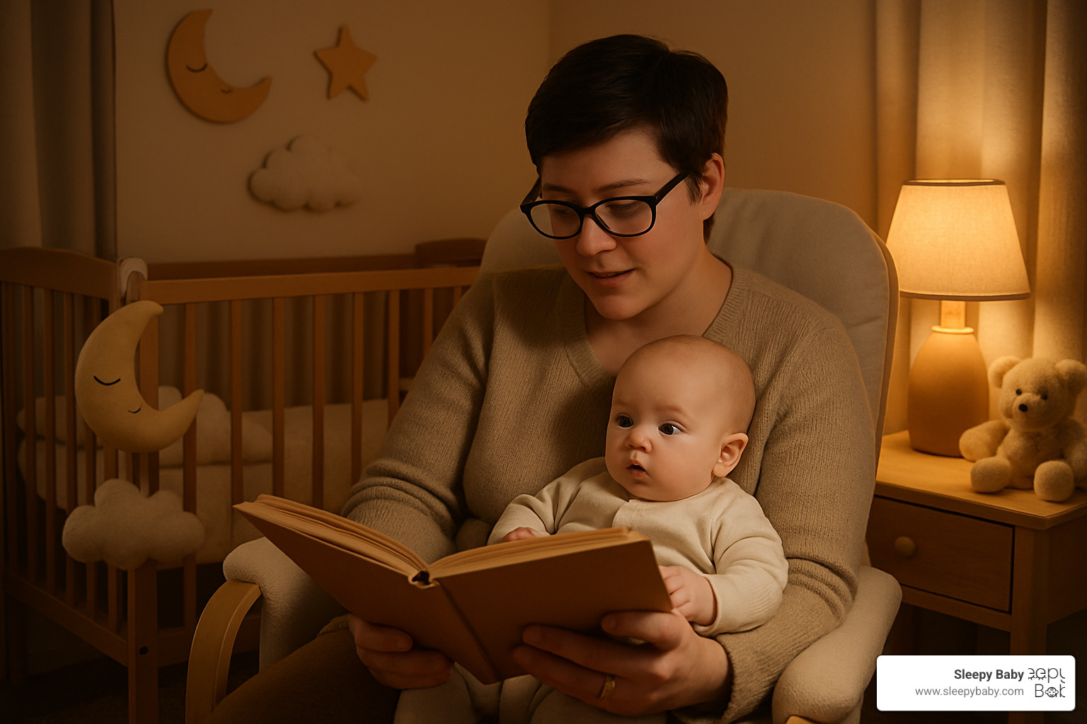 Parent reading to baby in dimly lit nursery - 3 month old bedtime routine