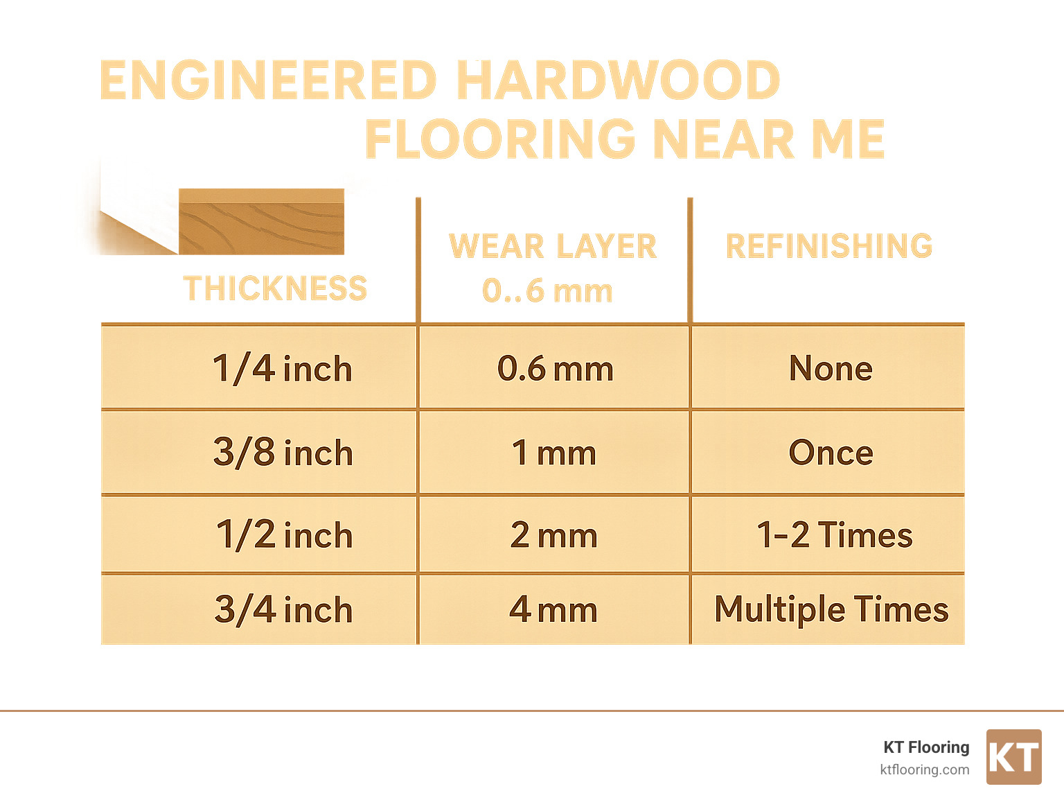 Comparison table showing engineered hardwood thickness options from 1/4 inch to 3/4 inch, wear layer thickness from 0.6mm to 4mm, and refinishing capabilities from none to multiple times - engineered hardwood flooring near me infographic