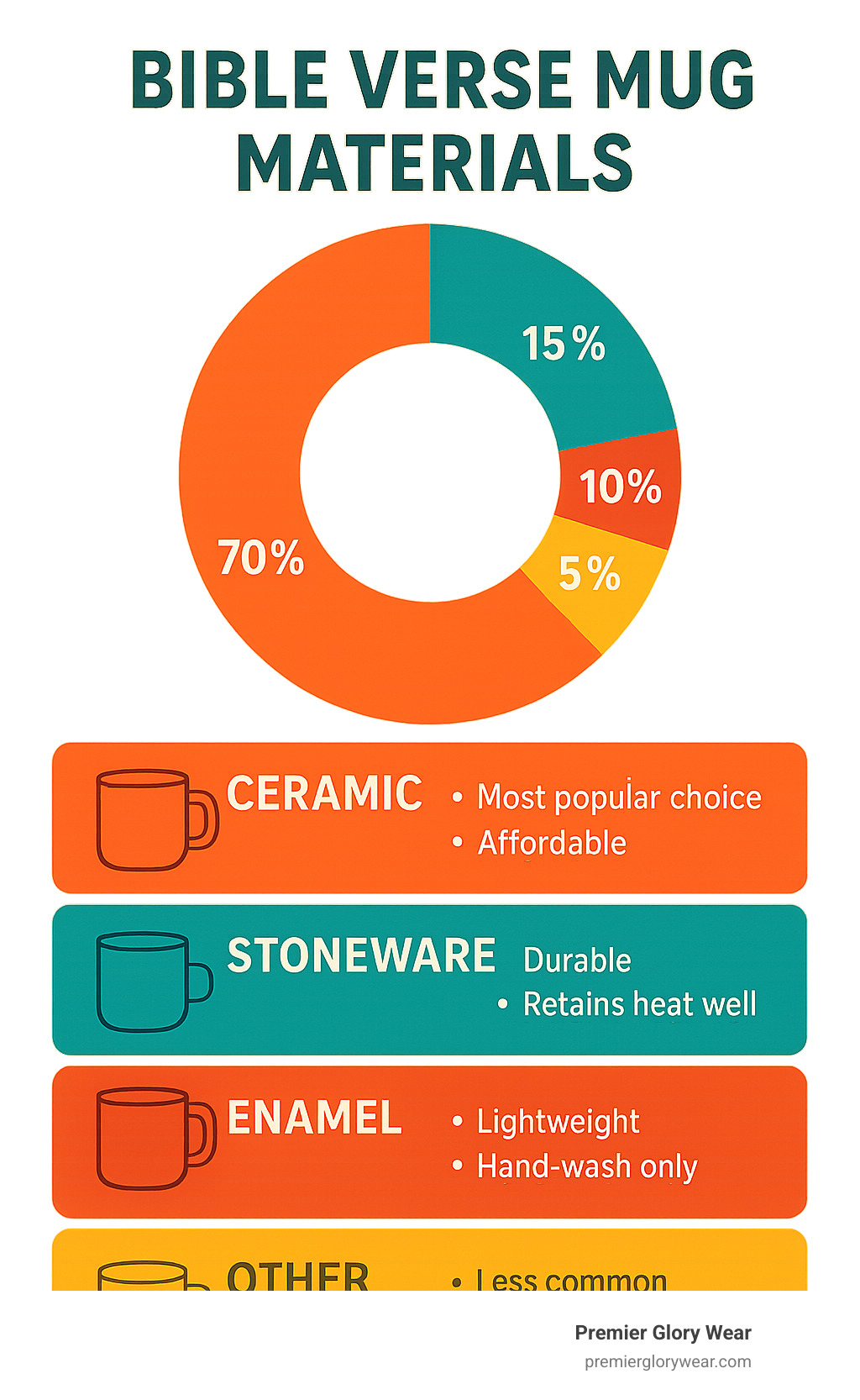 Infographic comparing Bible verse mug materials showing ceramic as most popular at 70%, stoneware at 15%, enamel at 10%, and other materials at 5%, with pros and cons for each material type - Bible verse mug infographic 