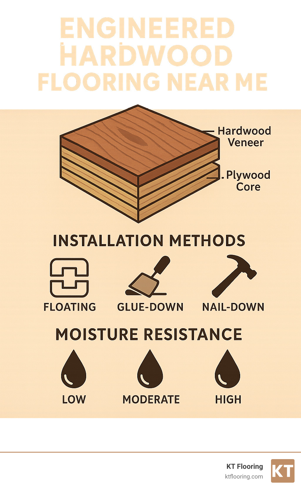 Infographic showing engineered hardwood construction with plywood core layers topped by hardwood veneer, comparing installation methods including floating click-lock, glue-down, and nail-down options with moisture resistance ratings - engineered hardwood flooring near me infographic