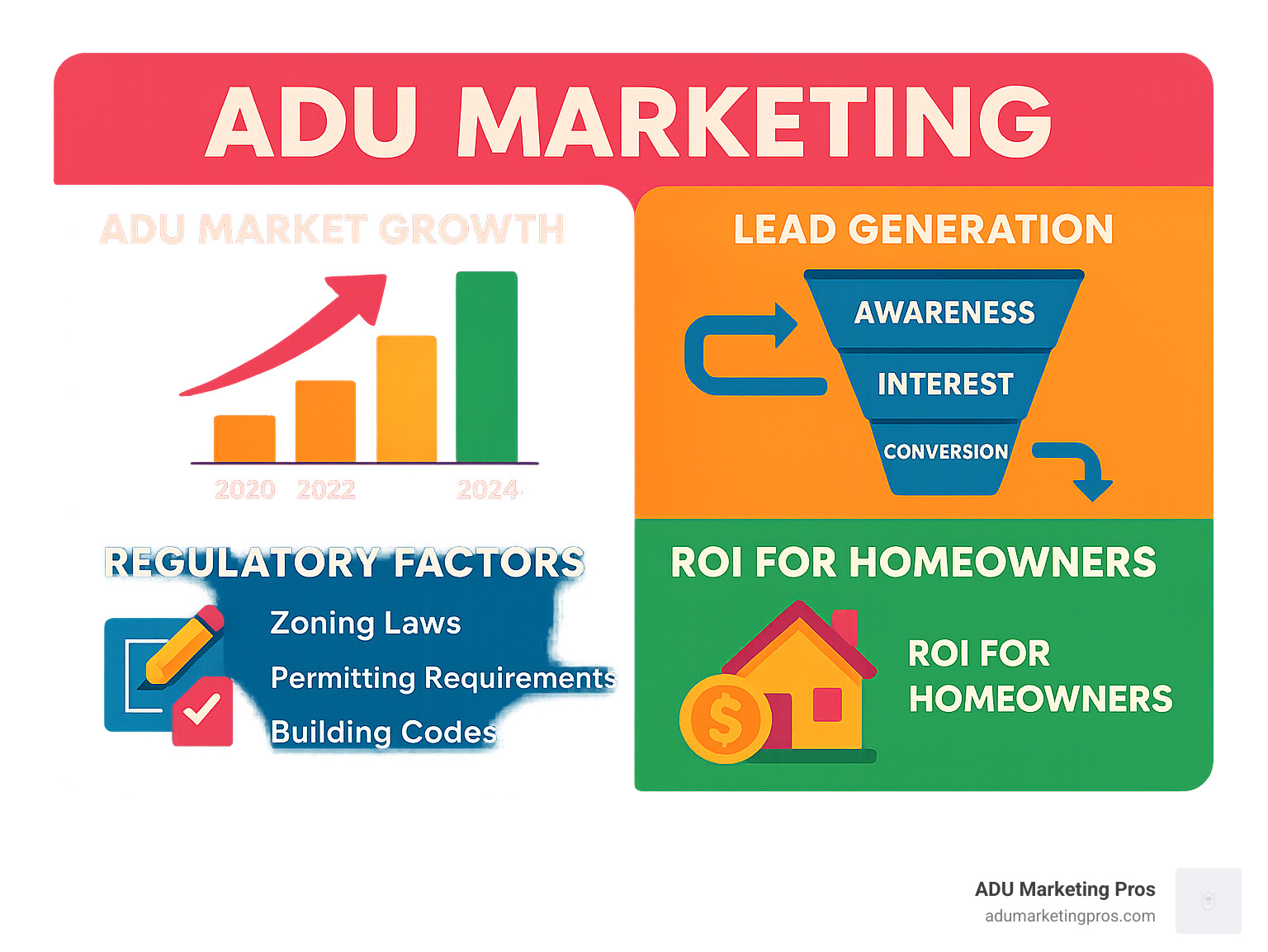 Infographic showing ADU market growth statistics, lead generation funnel from awareness to conversion, key regulatory factors affecting marketing, and ROI potential for homeowners - ADU marketing agency infographic 
