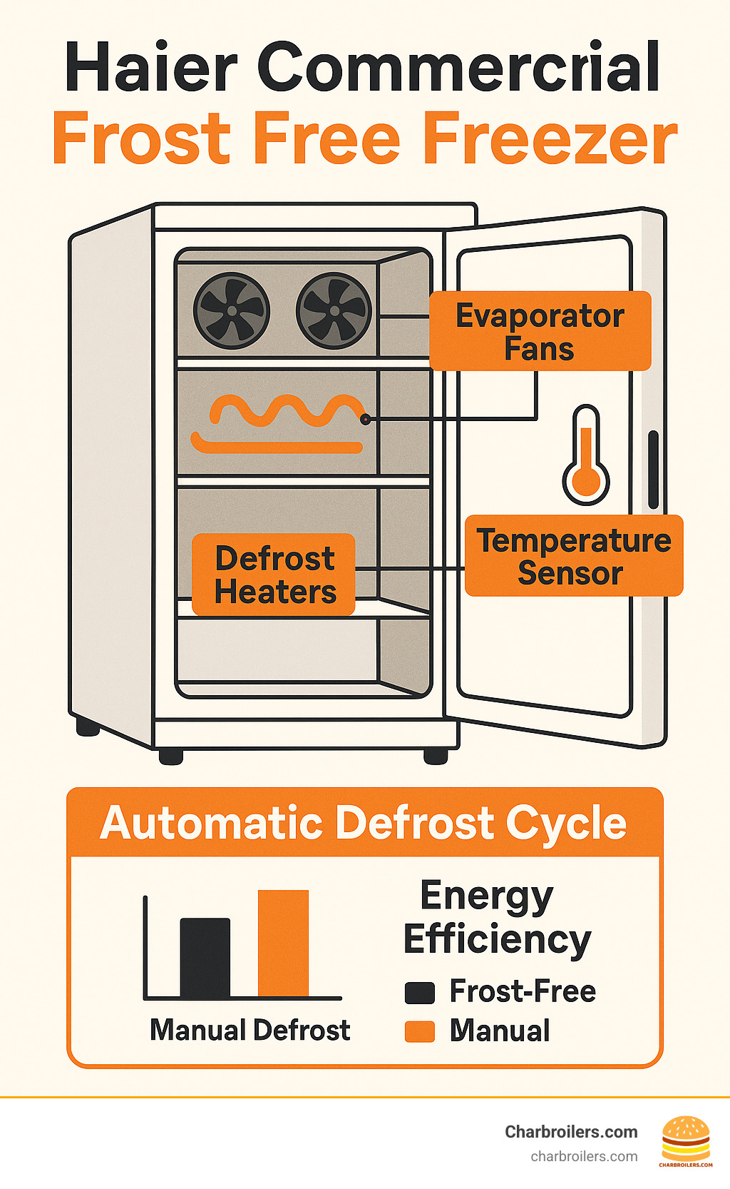Detailed breakdown of Haier commercial frost free freezer automatic defrost cycle showing evaporator fans, defrost heaters, temperature sensors, and energy efficiency comparison between frost-free and manual defrost models - haier commercial frost free freezer infographic 