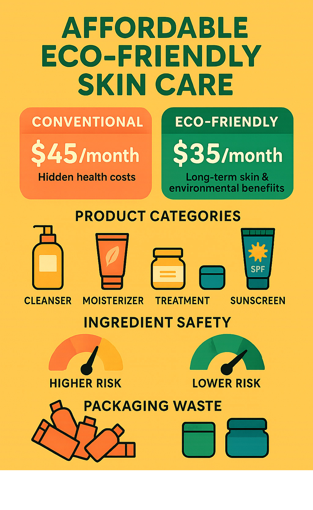 Infographic showing cost comparison between conventional skincare routine ($45/month with hidden health costs) versus affordable eco-friendly routine ($35/month with long-term skin and environmental benefits), including breakdown of product categories, ingredient safety ratings, and packaging waste reduction statistics - affordable eco friendly skin care infographic