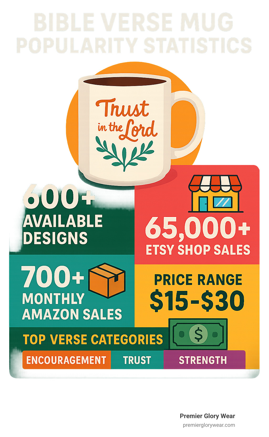Infographic showing Bible verse mug popularity statistics including 600+ available designs, 65000+ shop sales, 700+ monthly sales, price ranges from $15-30, and top verse categories like encouragement, trust, and strength - Bible verse mug infographic 