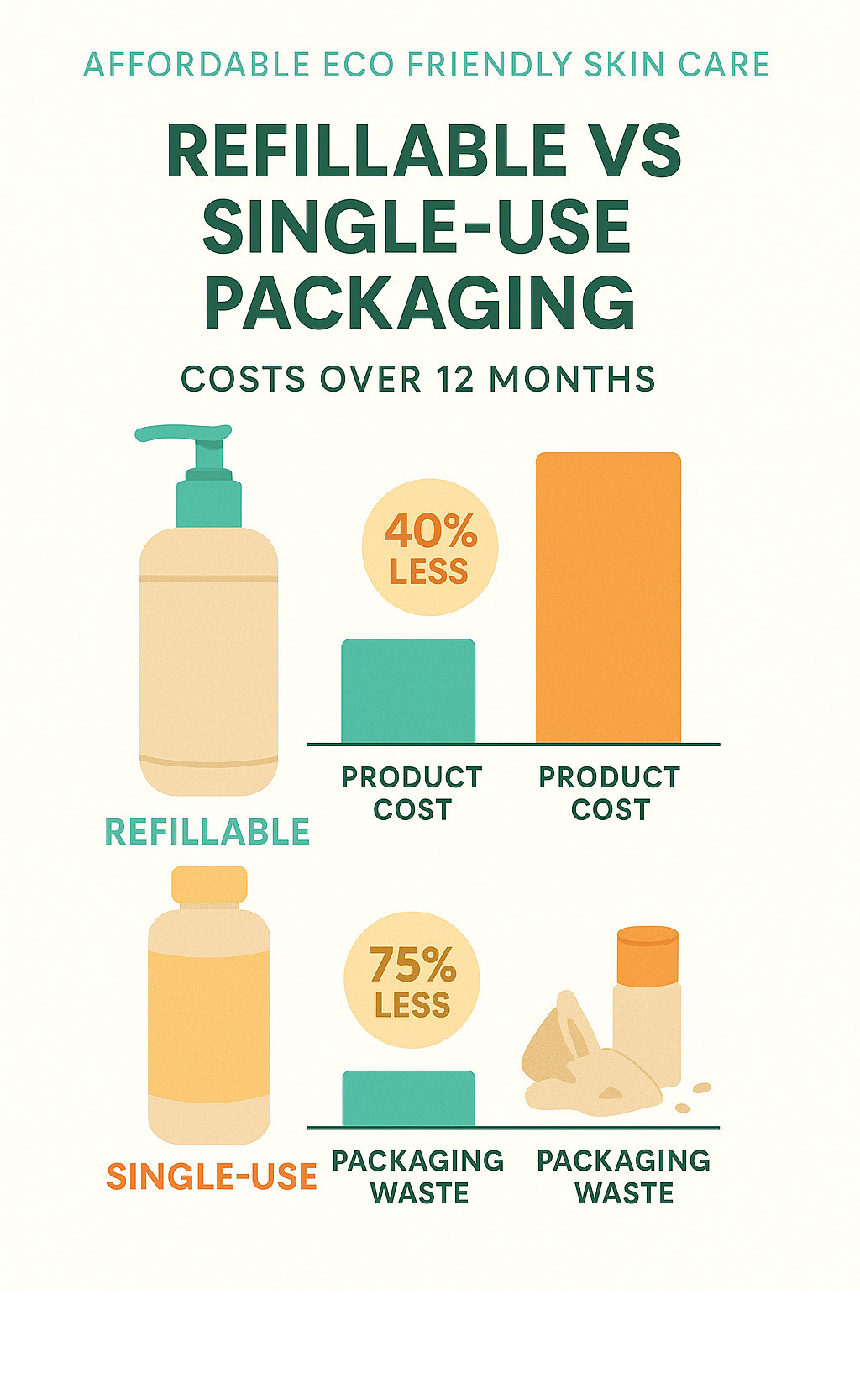 Infographic comparing refillable vs single-use packaging costs over 12 months, showing refillable systems save 40% on product costs and reduce packaging waste by 75% - affordable eco friendly skin care infographic