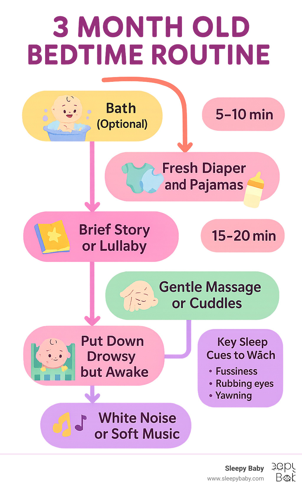 Detailed flowchart showing 3 month old bedtime routine steps from bath time through putting baby down drowsy but awake, including timing suggestions and key sleep cues to watch for - 3 month old bedtime routine infographic
