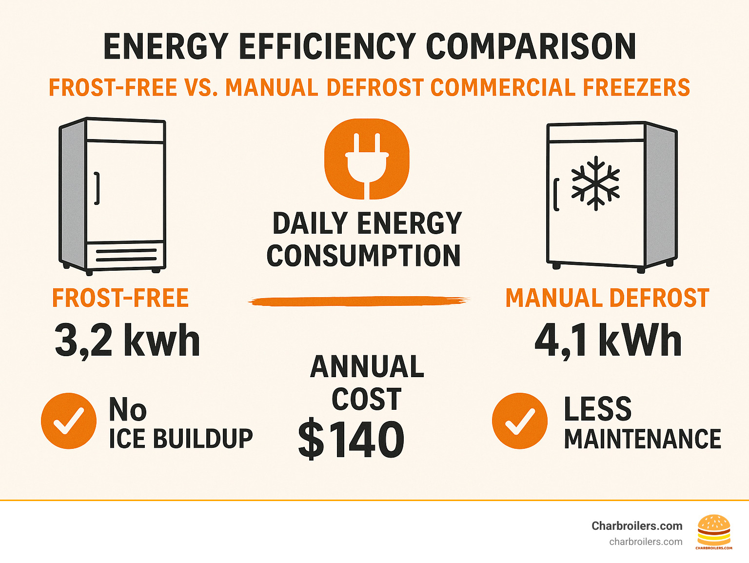 Energy efficiency comparison between frost-free and manual defrost commercial freezers showing daily consumption, annual costs, and operational benefits - haier commercial frost free freezer infographic 
