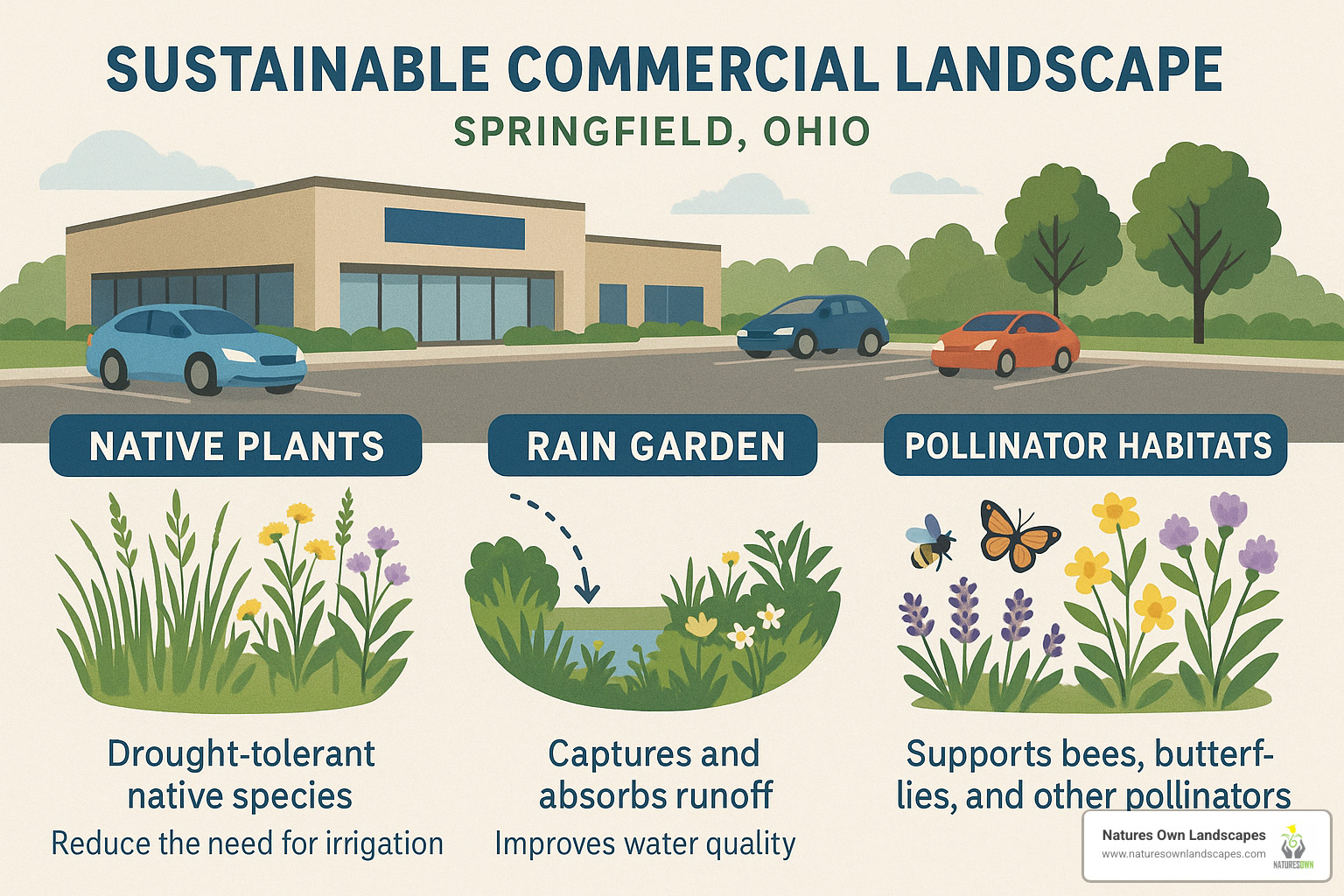 Sustainable commercial landscape featuring native plants and rain garden - landscaping springfield ohio infographic 