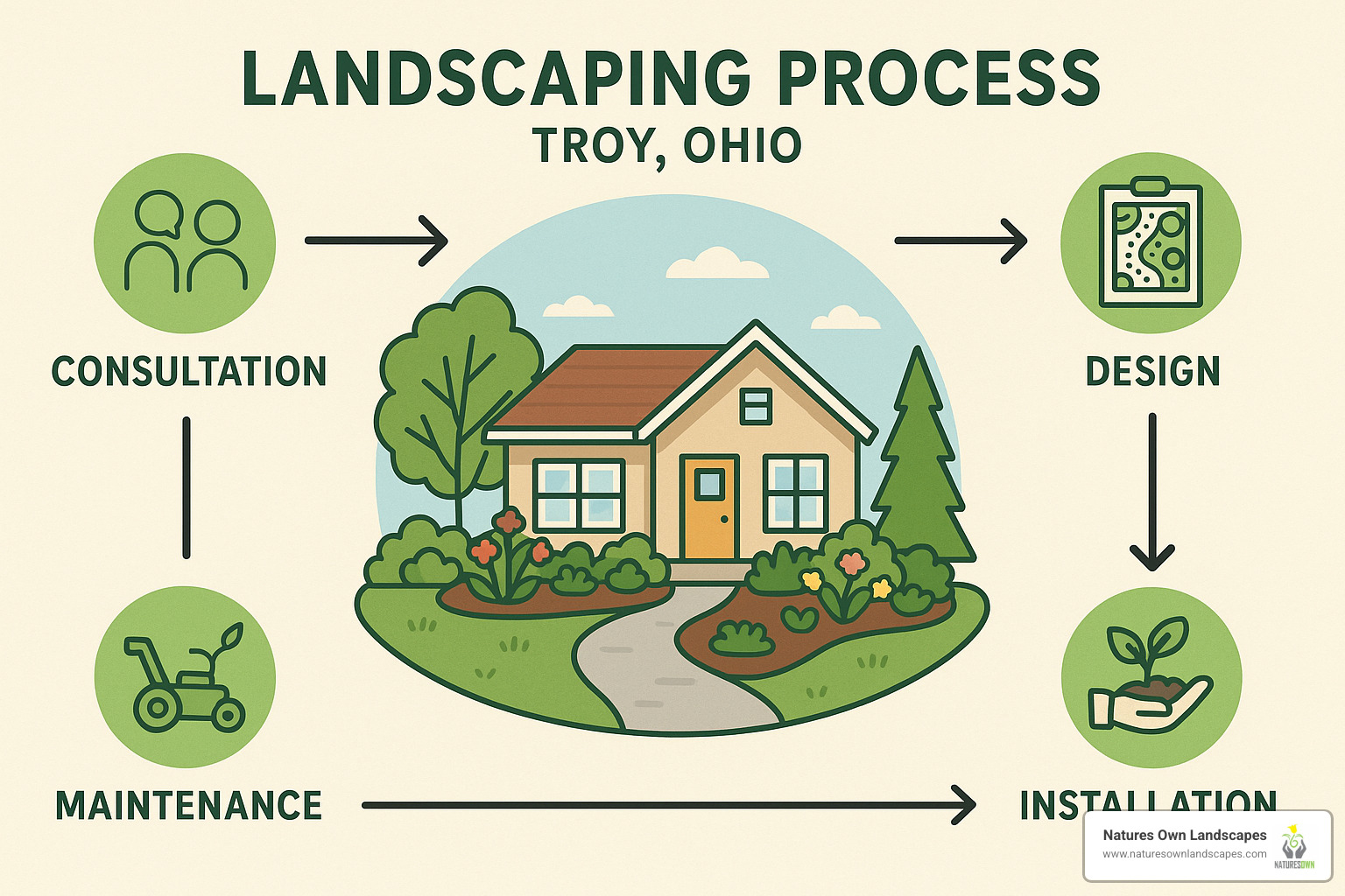 Infographic showing the complete landscaping process from initial consultation through design, installation, and ongoing maintenance, with typical timelines and cost ranges for Troy Ohio homeowners - landscaping troy ohio infographic 