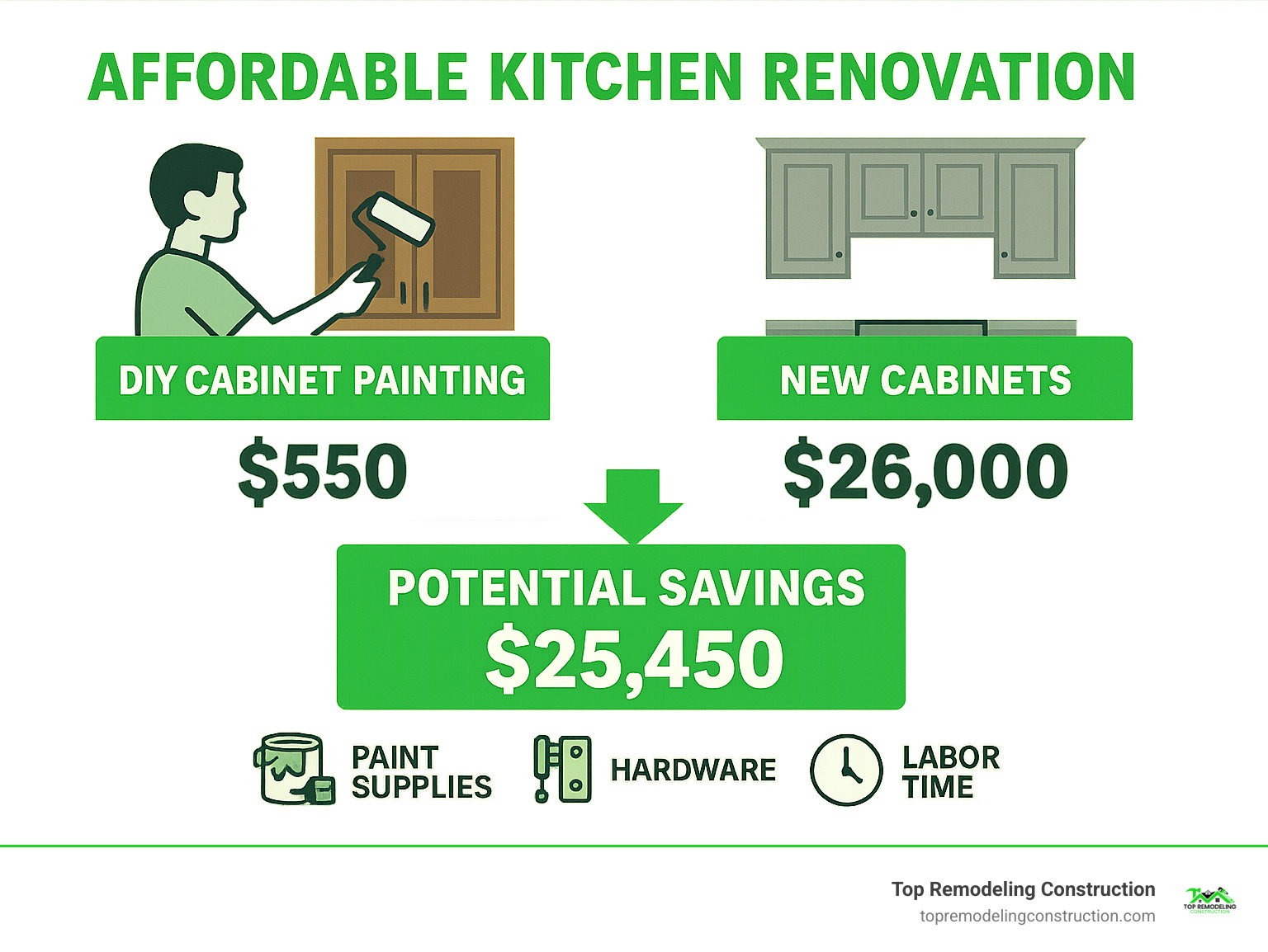 Infographic comparing renovation costs: DIY cabinet painting $550 vs new cabinets $26,000, showing potential savings of $25,450 with breakdown of paint supplies, hardware, and labor time - Affordable kitchen renovation infographic