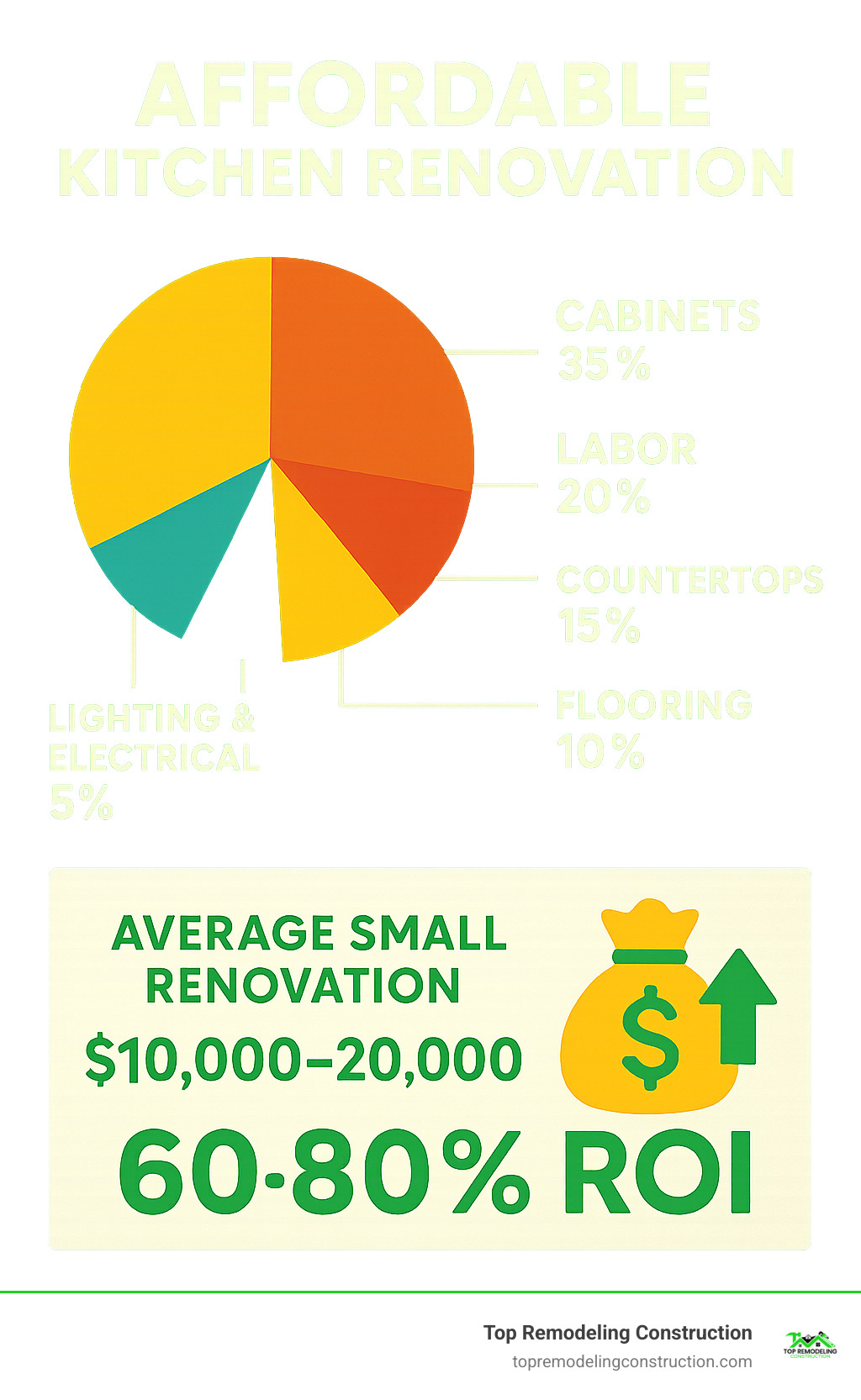 Infographic showing kitchen renovation cost breakdown: cabinets 35%, labor 20%, countertops 15%, flooring 10%, appliances 10%, lighting and electrical 5%, other 5%, with average small renovation $10,000-20,000 delivering 60-80% ROI - Affordable kitchen renovation infographic