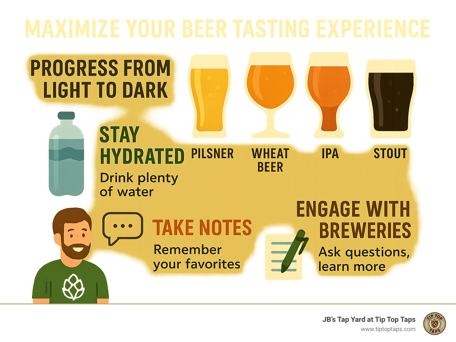 Infographic showing optimal beer tasting progression from light to dark styles, including hydration tips, note-taking suggestions, and brewery interaction guidelines for maximizing festival experience - augusta beer festival infographic 