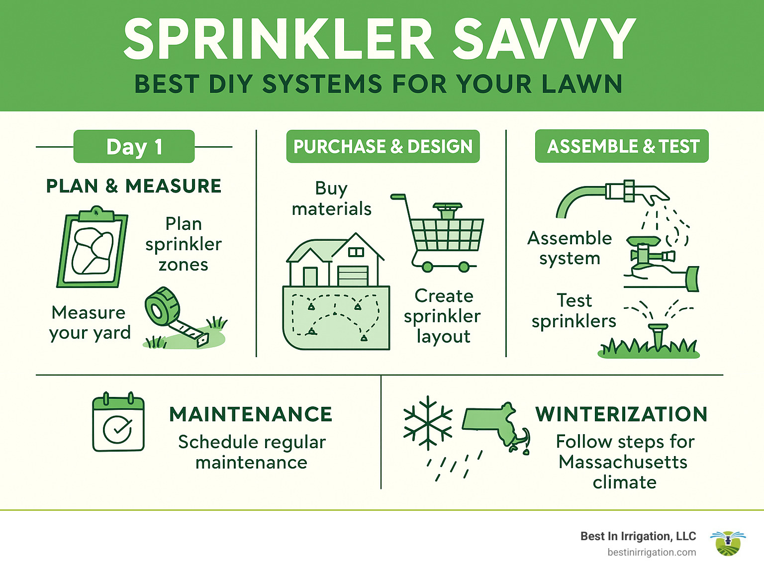 Comprehensive infographic showing DIY sprinkler system installation timeline from planning and measuring yard on day 1, to purchasing materials and layout design on day 2, to assembly and testing on day 3, with maintenance schedule and winterization steps for Massachusetts climate - best diy lawn sprinkler system infographic 
