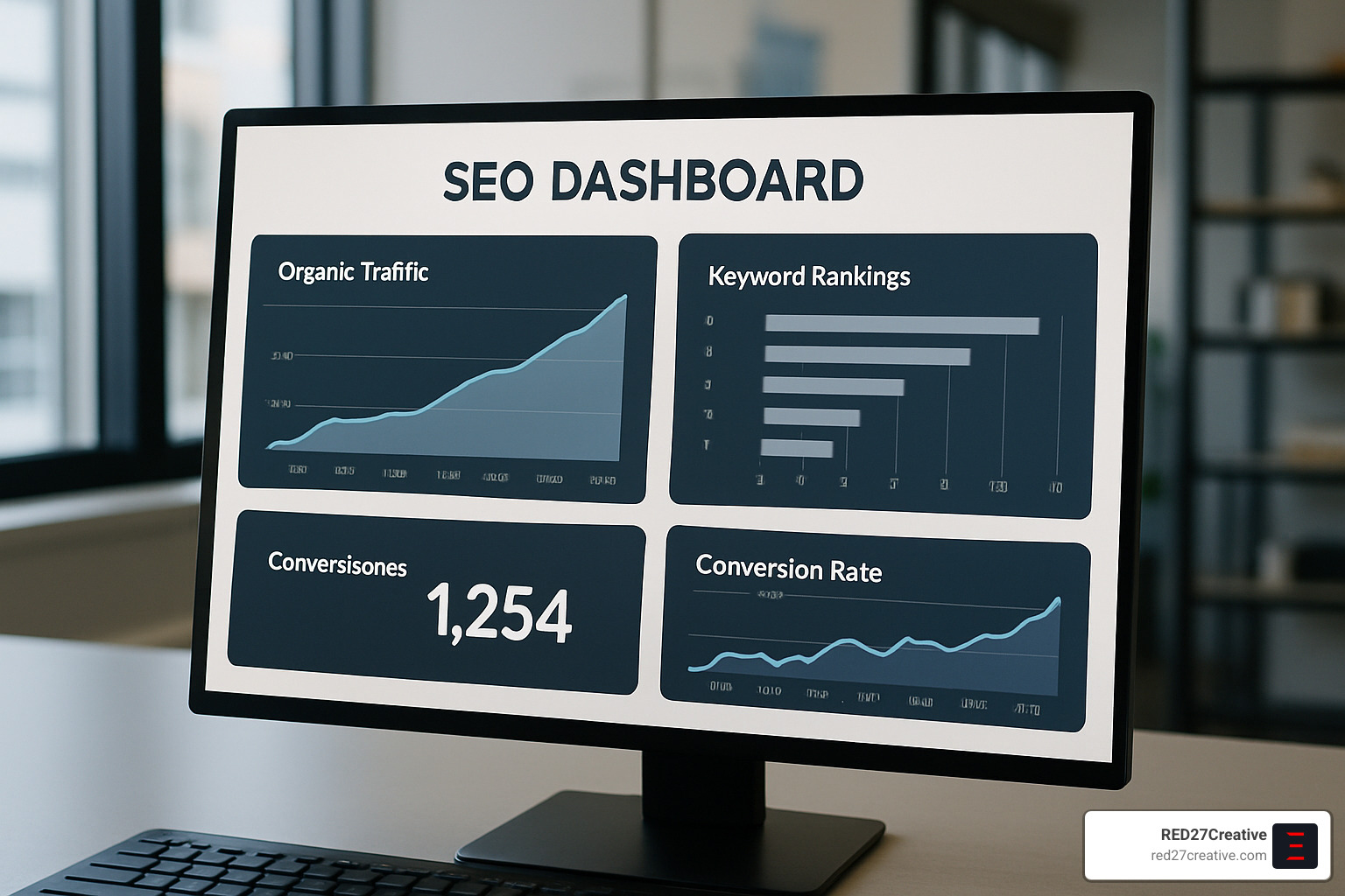 Hire the Pros: Professional Content Writing Services Reviewed • professional content writing services • RED27Creative SEO dashboard showing organic traffic growth, keyword rankings, and conversion metrics - professional content writing services