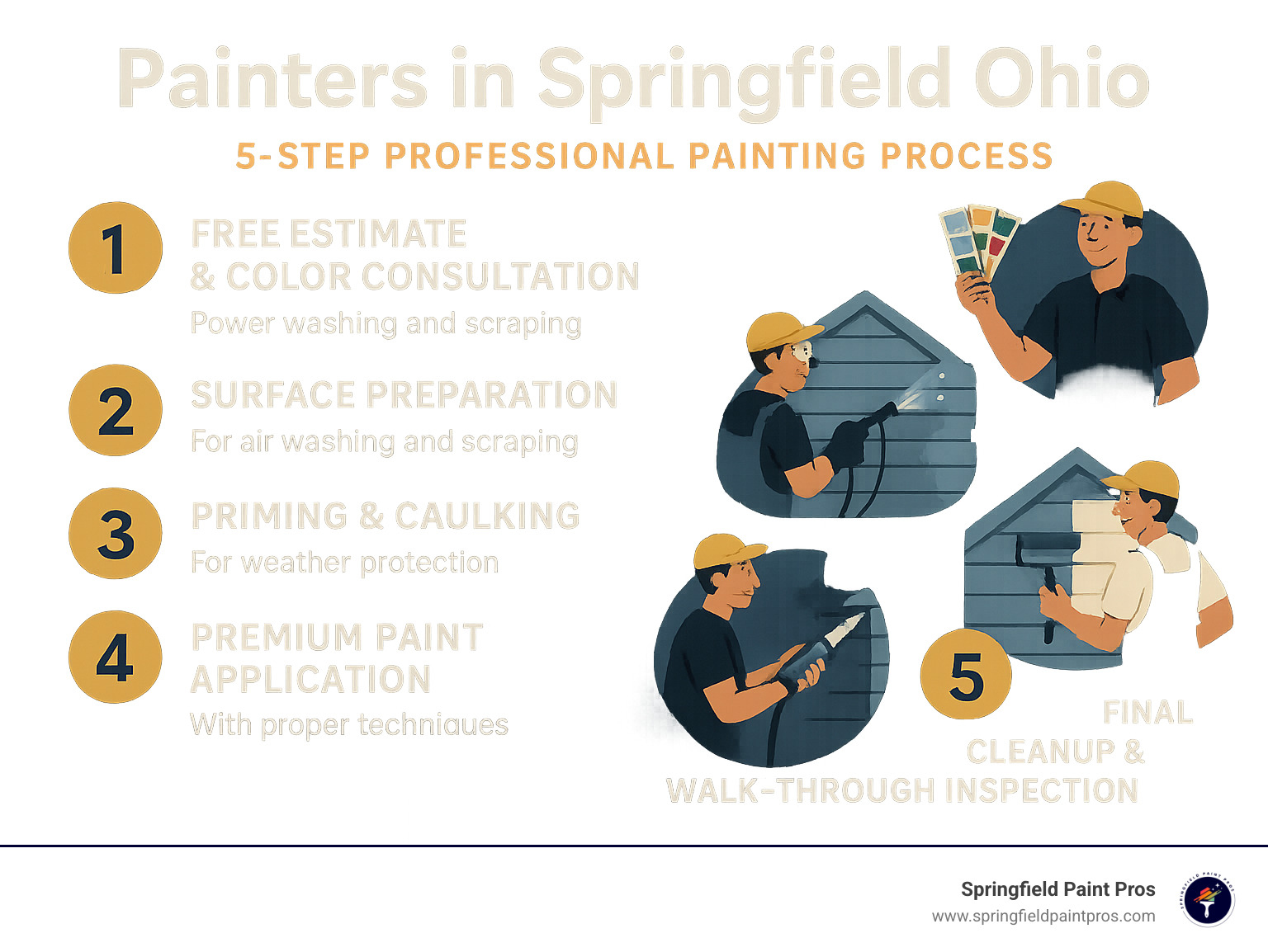 Infographic showing the 5-step professional painting process: 1) Free estimate and color consultation, 2) Surface preparation including power washing and scraping, 3) Priming and caulking for weather protection, 4) Premium paint application with proper techniques, 5) Final cleanup and walk-through inspection - painters in springfield ohio infographic Infographic showing the 5-step professional painting process: 1) Free estimate and color consultation, 2) Surface preparation including power washing and scraping, 3) Priming and caulking for weather protection, 4) Premium paint application with proper techniques, 5) Final cleanup and walk-through inspection - painters in springfield ohio infographic