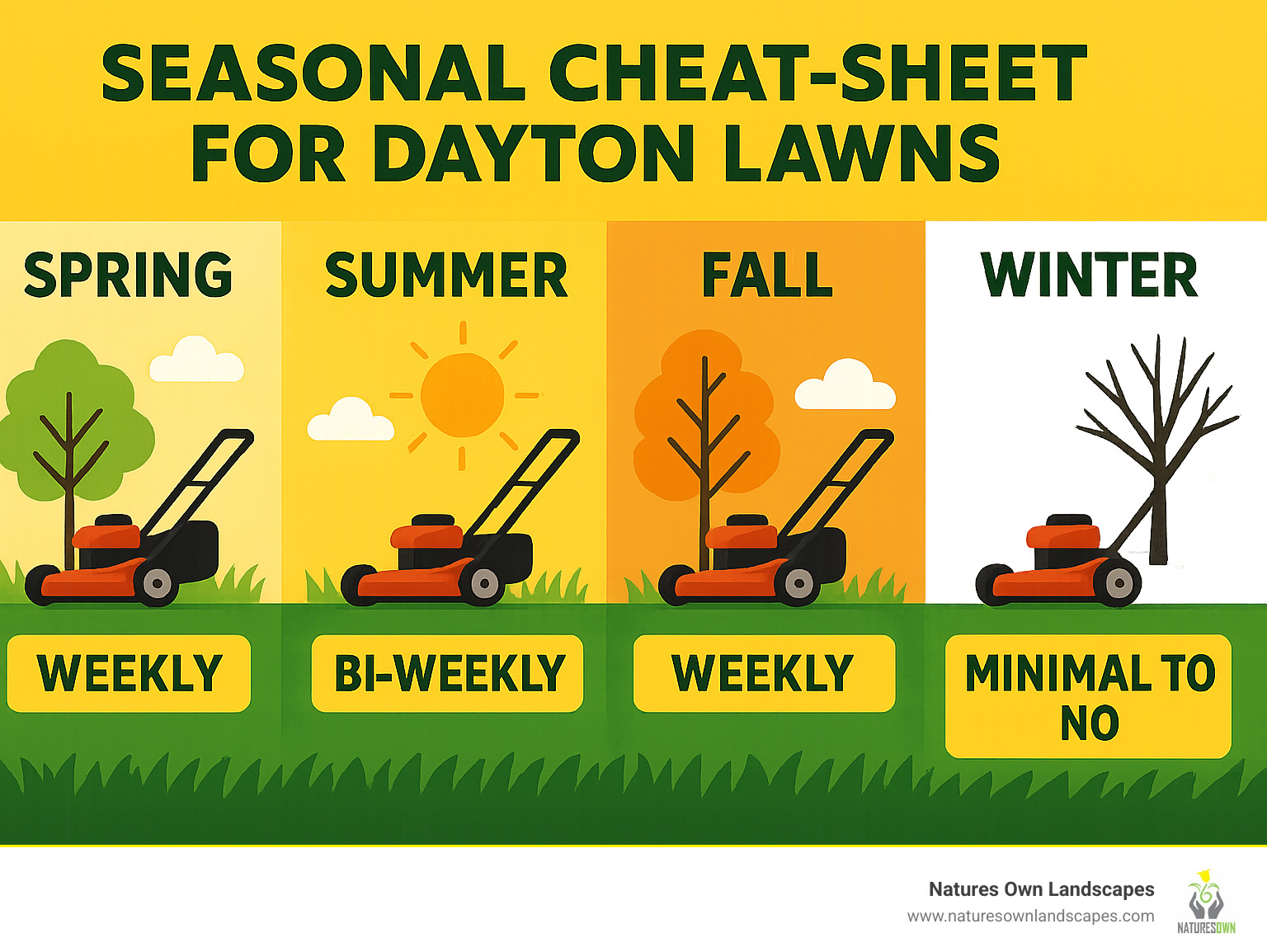 Infographic displaying recommended mowing frequency by season in Dayton, Ohio, with spring showing weekly cuts, summer showing bi-weekly, fall showing weekly, and winter showing minimal to no mowing - affordable lawn care dayton infographic 