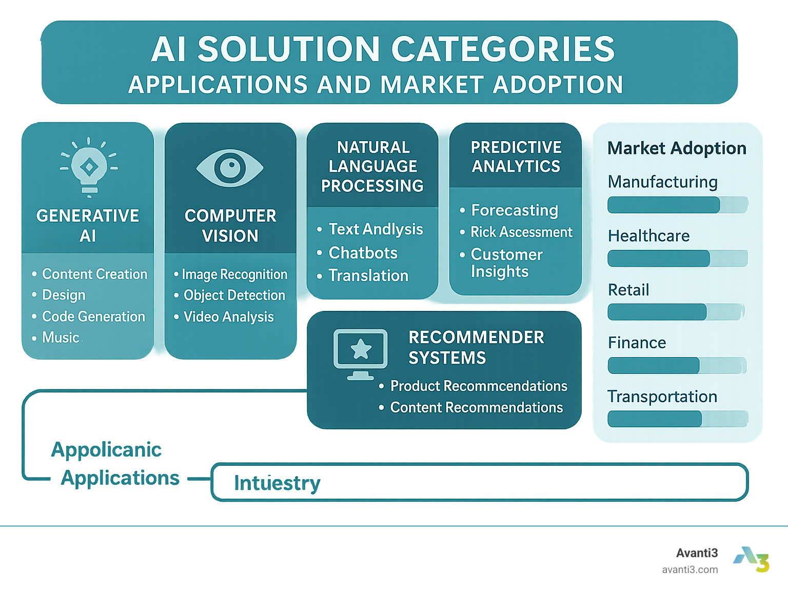 Visual breakdown of AI solution categories, their applications, and market adoption rates across different industries - ai development company infographic 