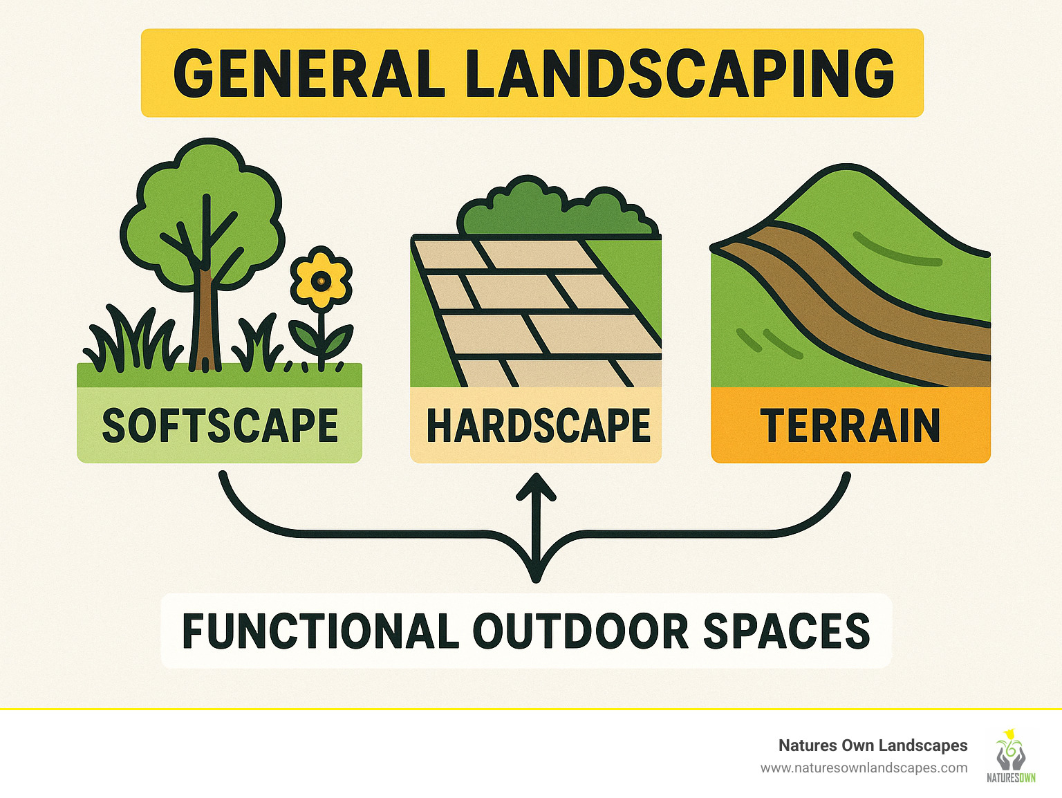 Infographic showing the three main components of general landscaping: softscape elements like plants and lawns on the left, hardscape features like patios and walkways in the center, and terrain modifications like grading and berms on the right, with arrows showing how they work together to create functional outdoor spaces - general landscaping infographic 