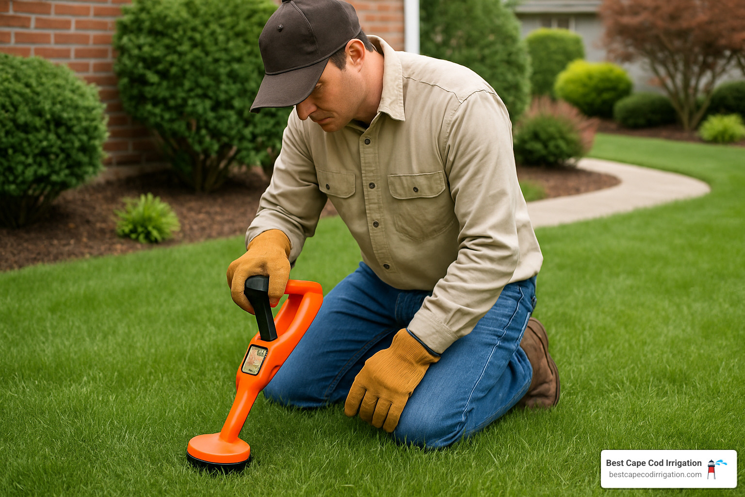 valve locator being used to find buried irrigation valve - sprinkler system valve repair