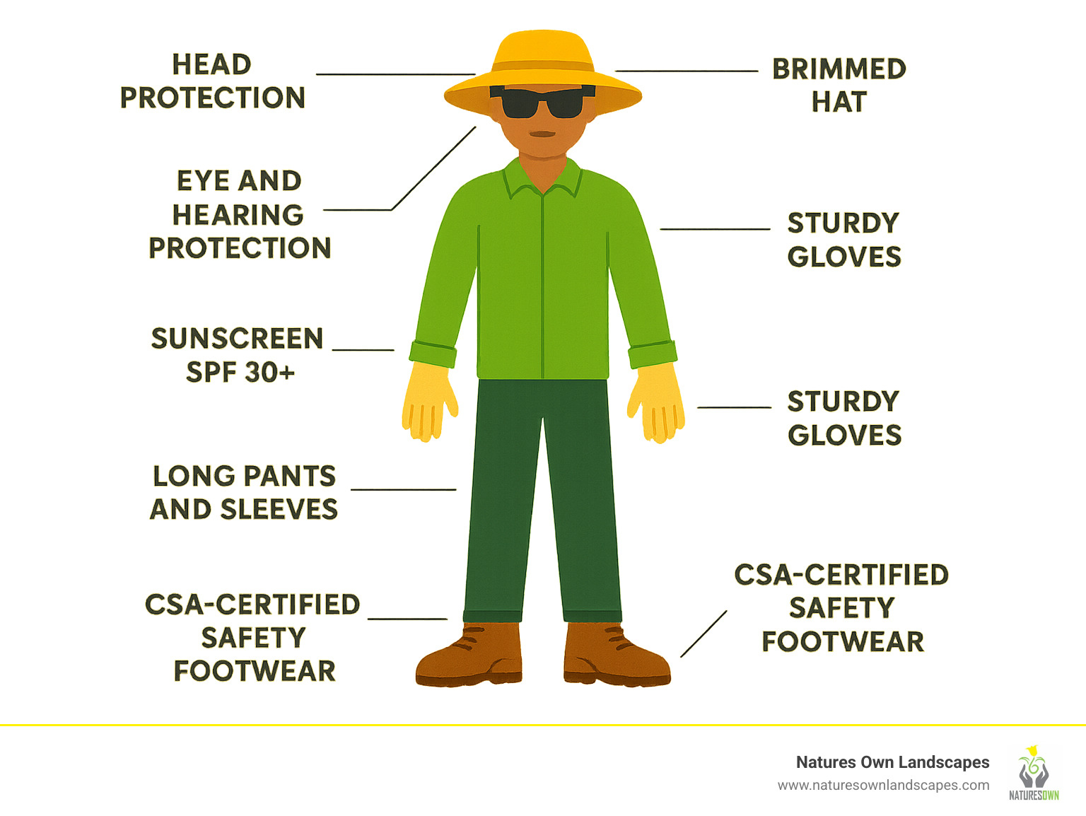 PPE checklist infographic showing essential safety equipment: CSA-certified safety footwear, head protection, eye and hearing protection, sturdy gloves, long pants and sleeves, sunscreen SPF 30+, brimmed hat, and sunglasses - general landscaping infographic 