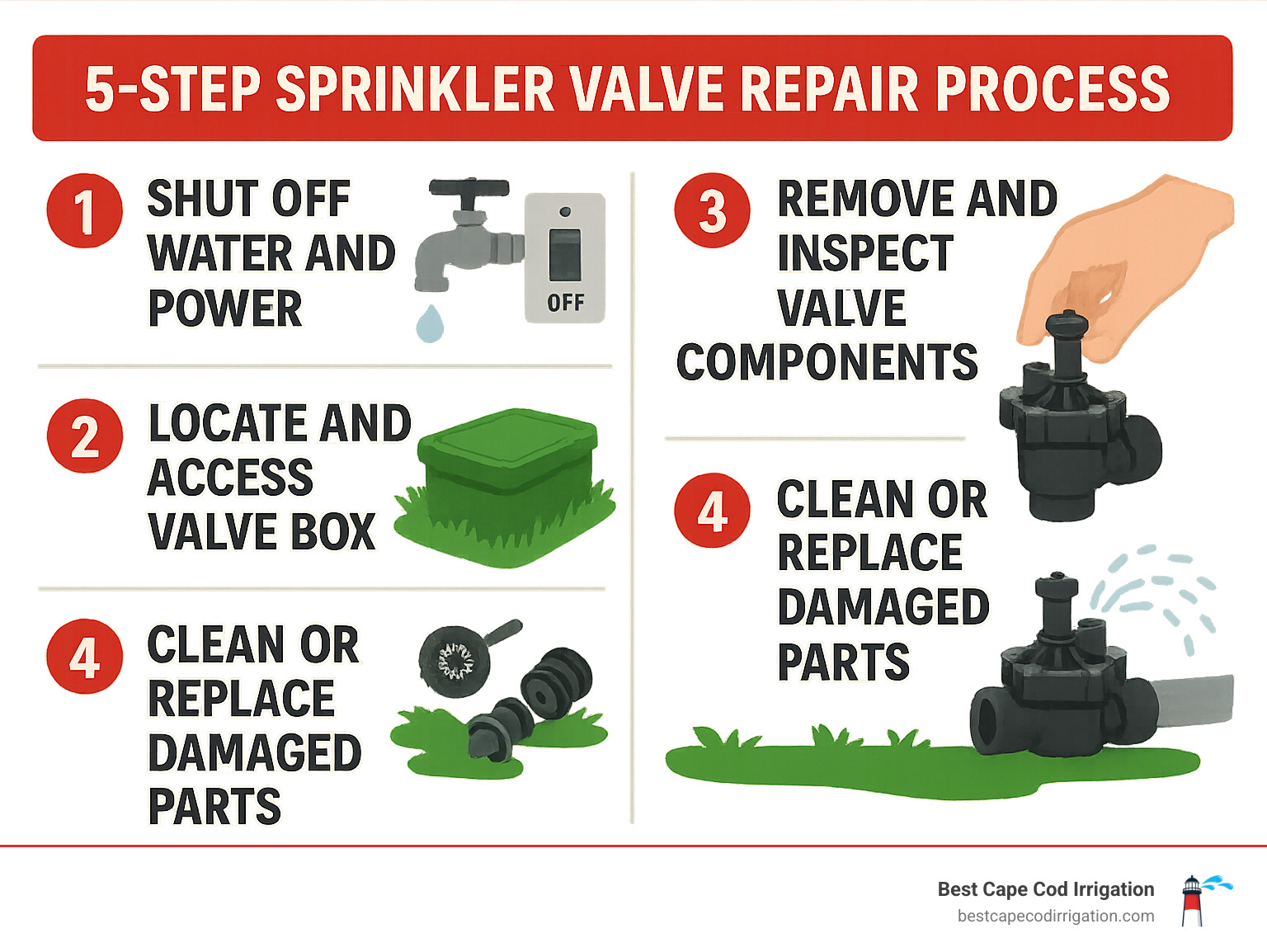 Infographic showing 5-step sprinkler valve repair process: 1) Shut off water and power, 2) Locate and access valve box, 3) Remove and inspect valve components, 4) Clean or replace damaged parts, 5) Reassemble and test system - sprinkler system valve repair infographic