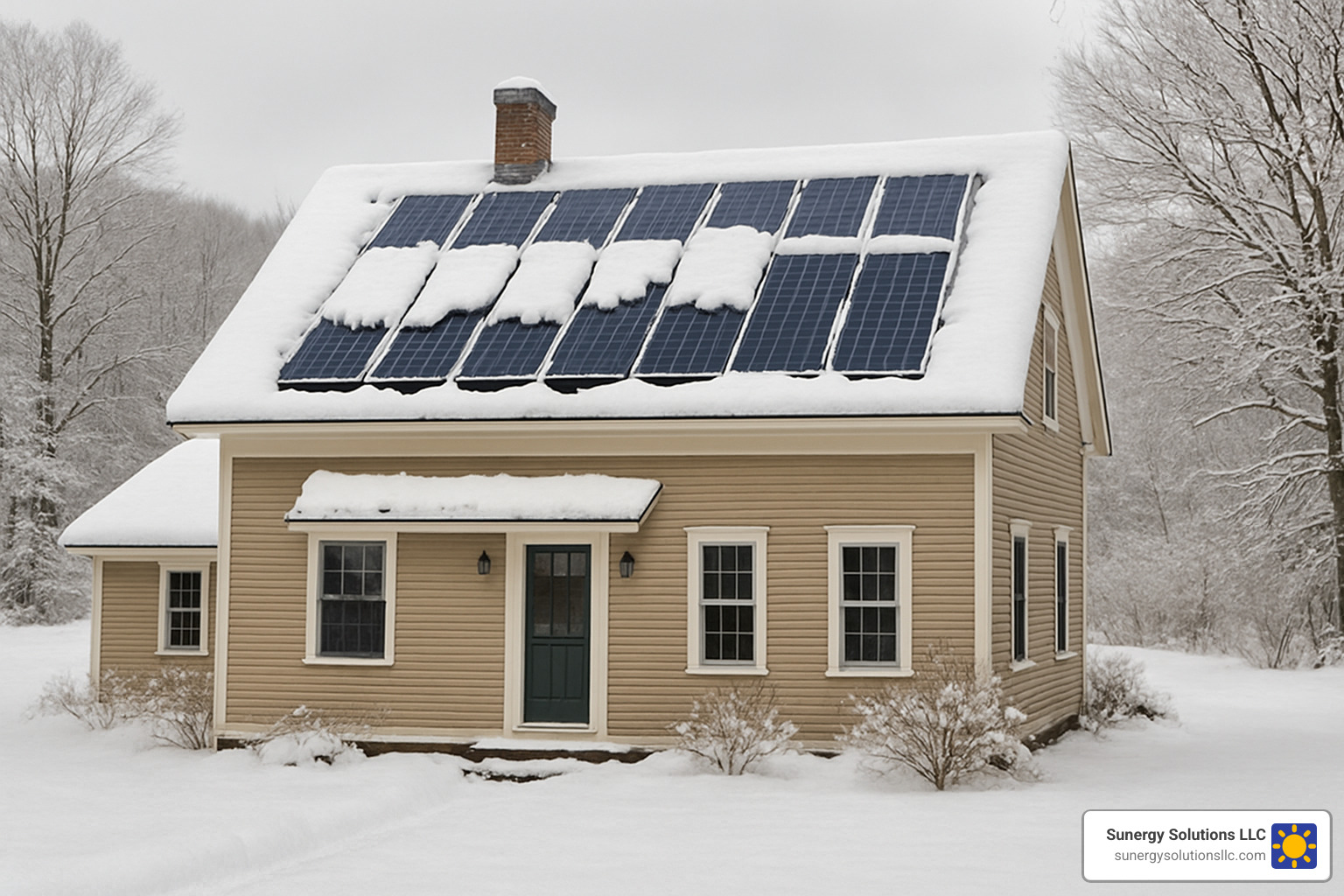 Snow-covered solar panels on a Vermont home demonstrating how panels naturally shed snow and continue producing power in winter conditions - Solar Installation in VT