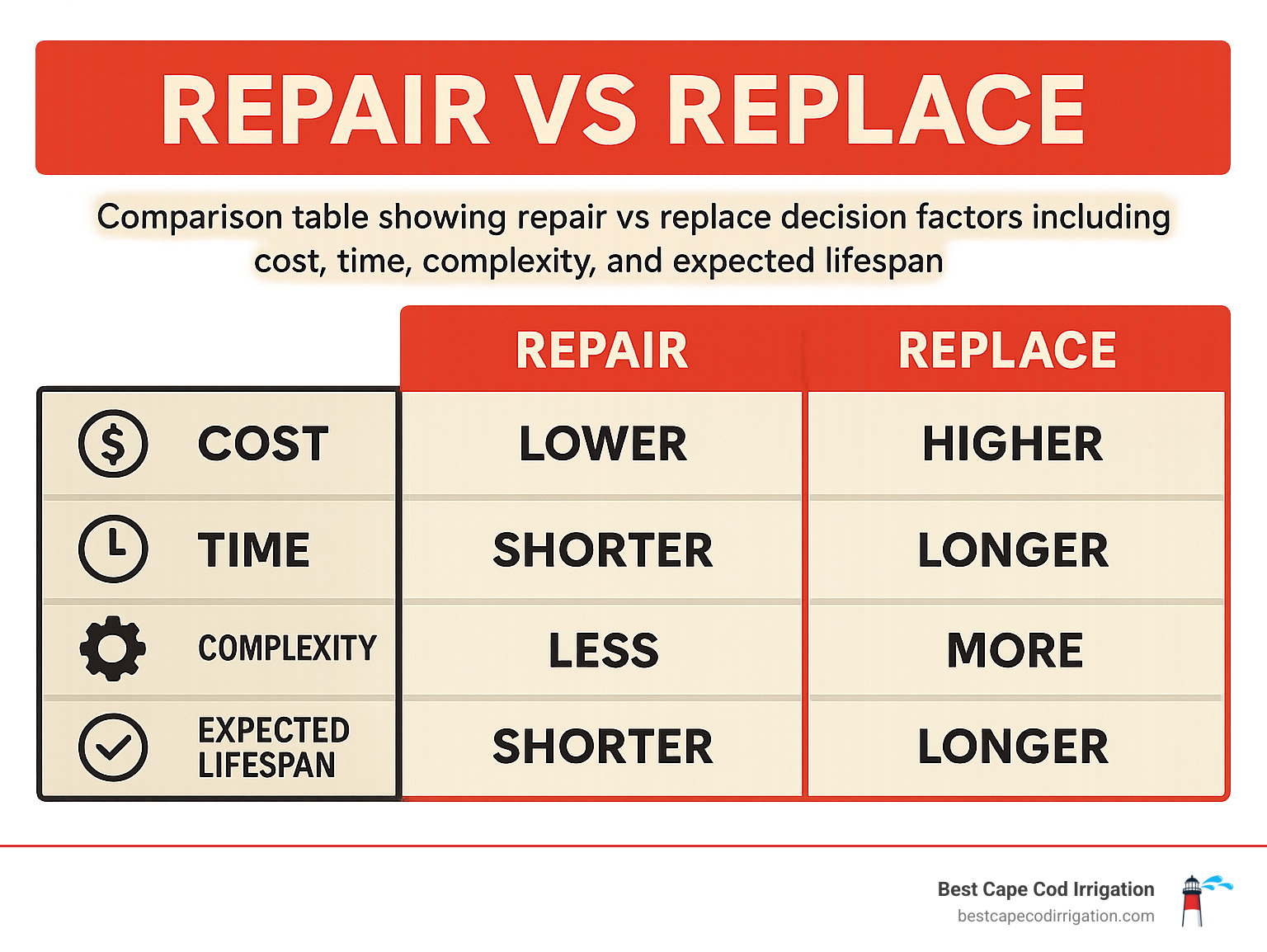 Comparison table showing repair vs replace decision factors including cost, time, complexity, and expected lifespan - sprinkler system valve repair infographic
