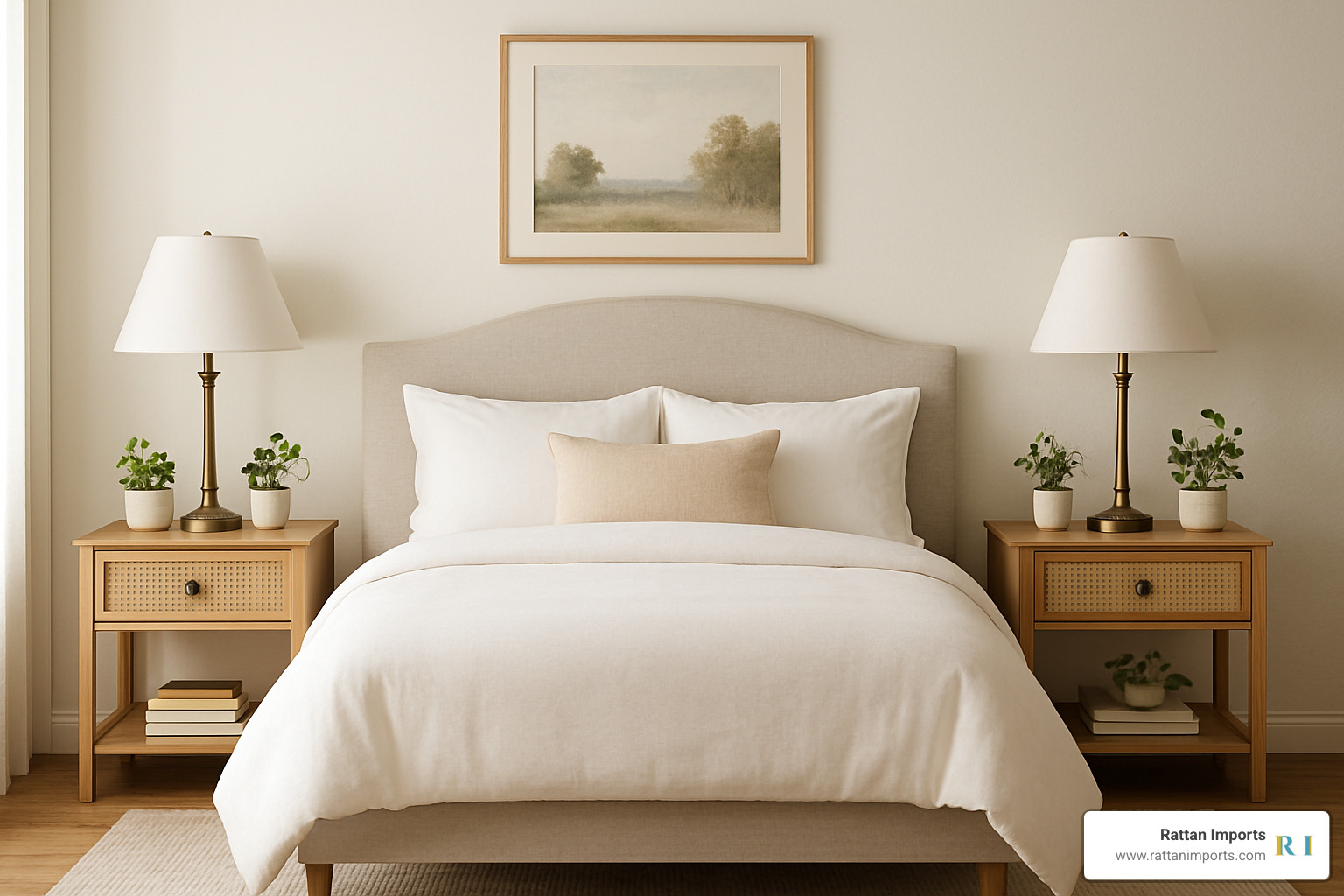 finished bedroom with matching cane nightstands styled with lamps, books, and plants showing the complete look - cane nightstands set of 2