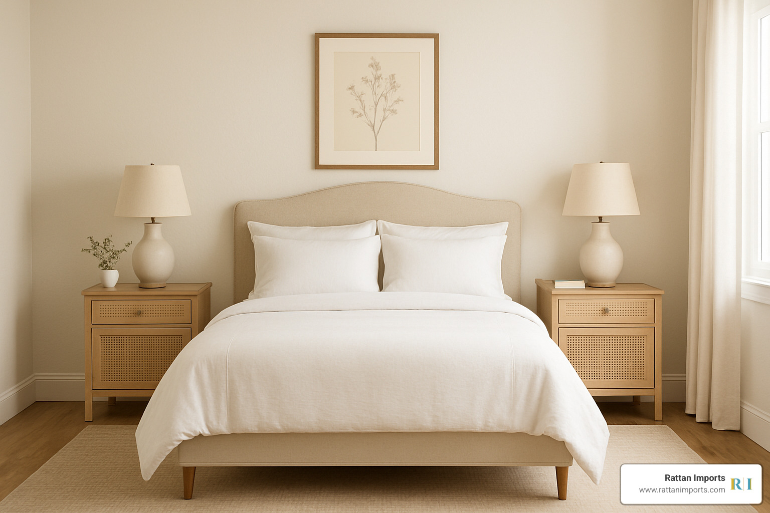 bedroom layout showing proper nightstand placement and spacing - cane nightstands set of 2
