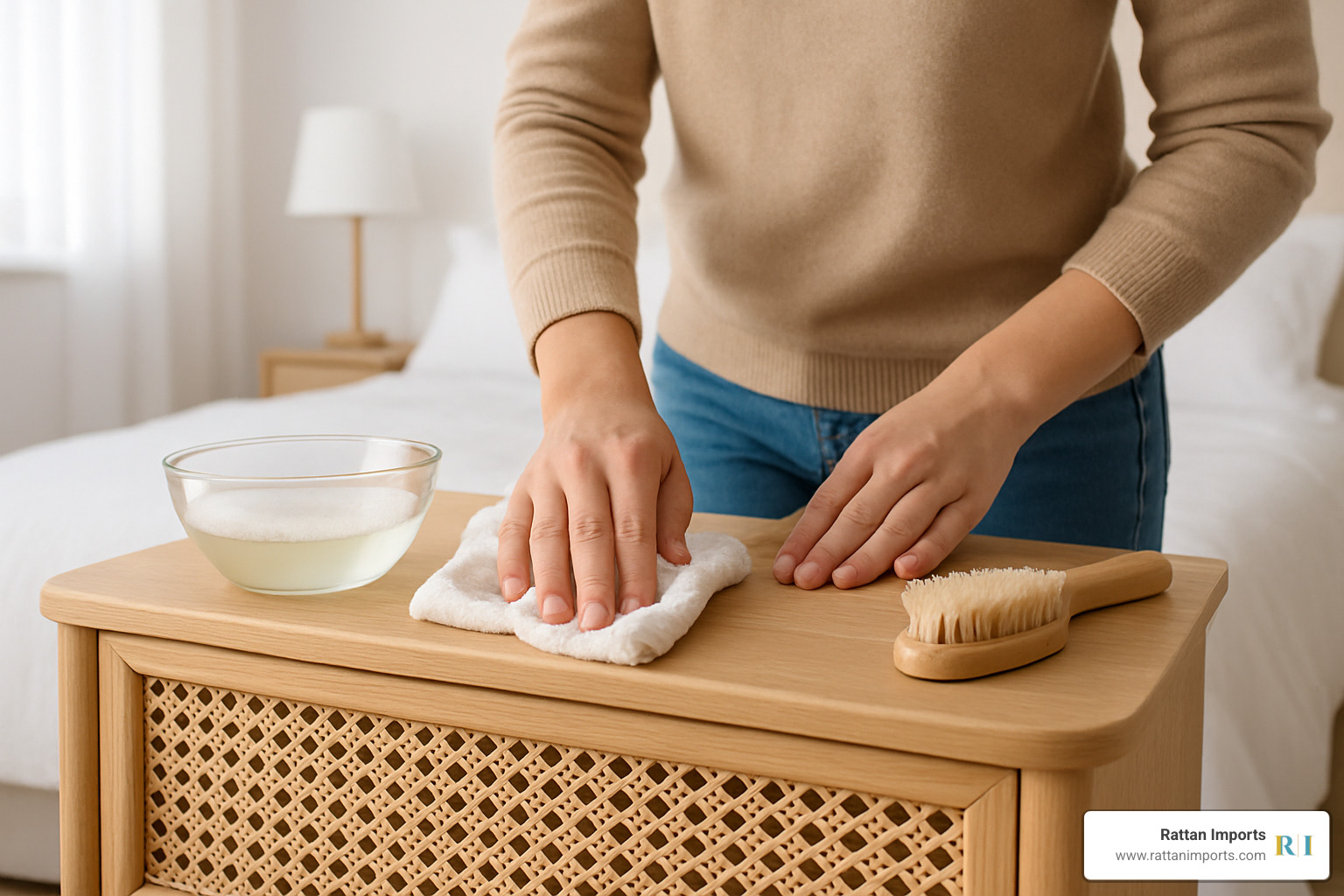 maintenance routine showing proper cleaning tools and techniques for cane furniture - cane nightstands set of 2