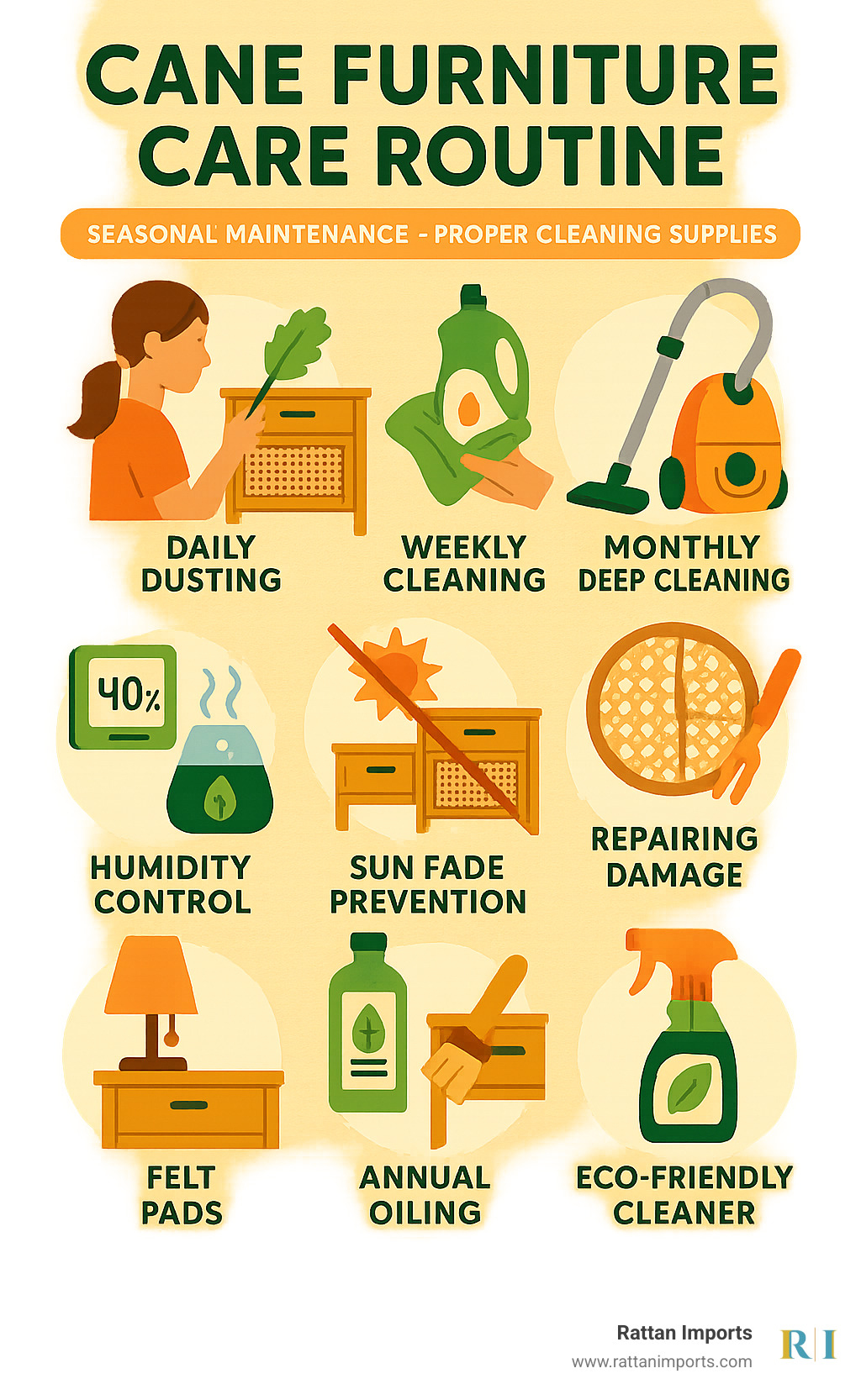 Infographic showing step-by-step cane furniture care routine with seasonal maintenance schedule and proper cleaning supplies - cane nightstands set of 2 infographic 