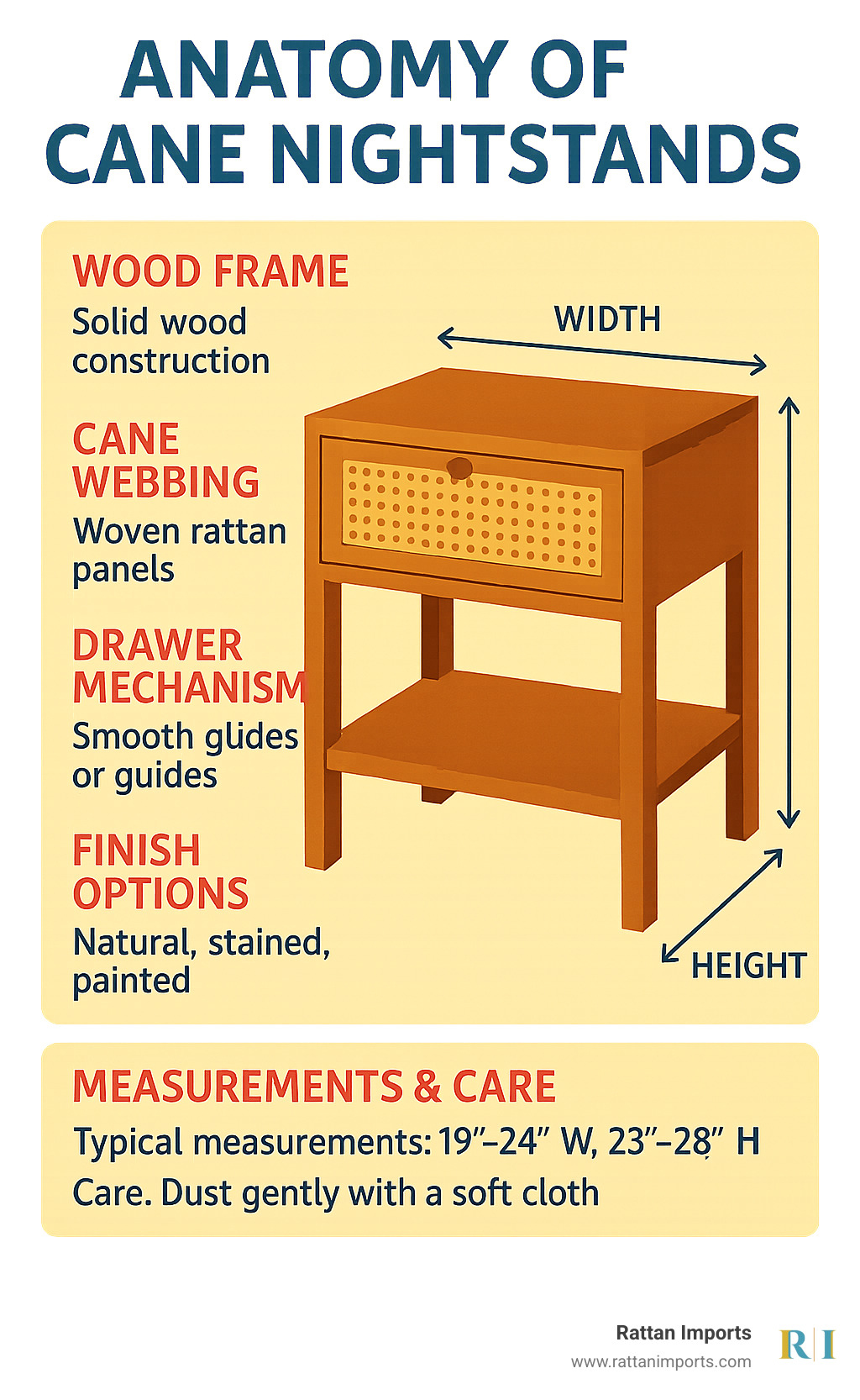 Infographic showing the anatomy of cane nightstands including wood frame construction, cane webbing panels, drawer mechanisms, and finish options with measurements and care tips - cane nightstands set of 2 infographic 