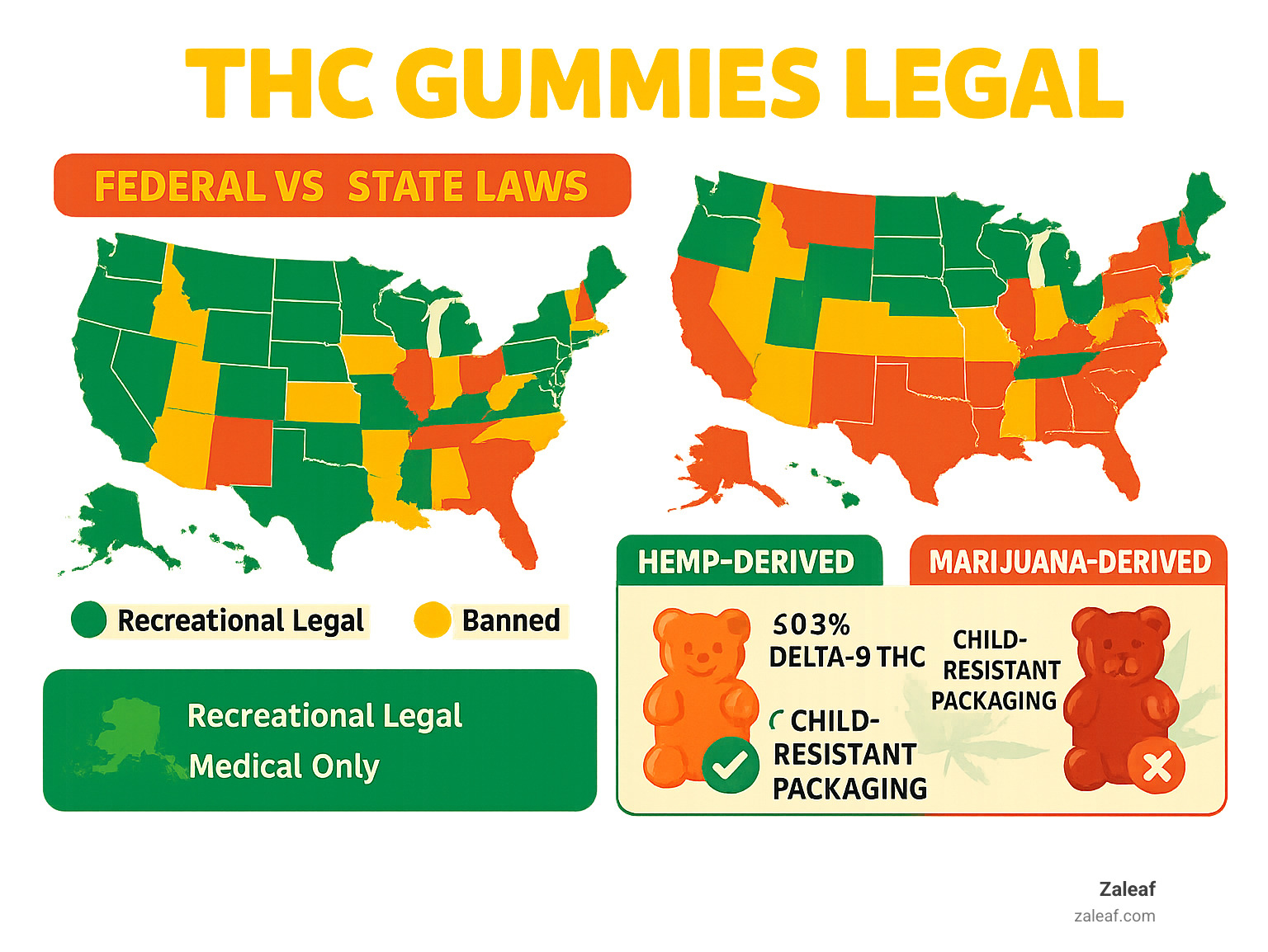 Infographic showing federal versus state THC gummy laws with a map of the United States highlighting recreational legal states in green, medical-only states in yellow, and banned states in red, plus visual comparison of hemp-derived versus marijuana-derived gummy compliance requirements - thc gummies legal infographic 