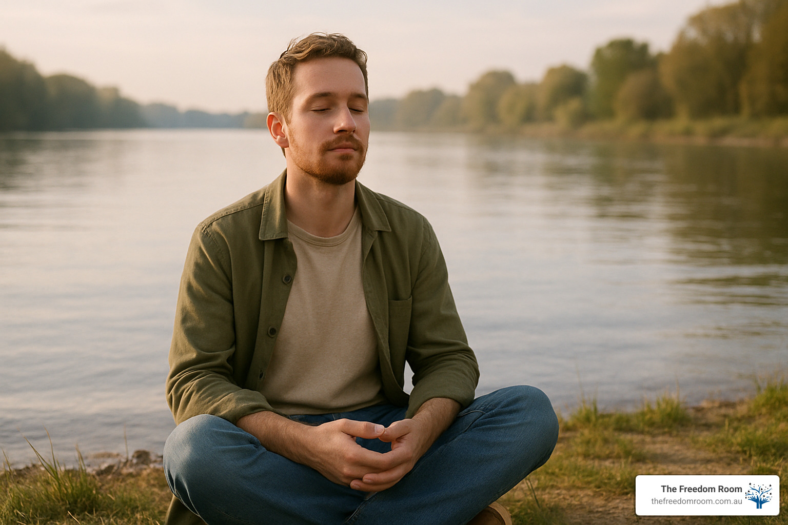 person practicing mindful breathing by water - recovery journey support person practicing mindful breathing by water - recovery journey support