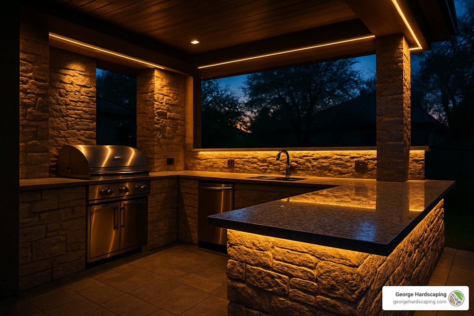 accent lighting highlighting stone textures and architectural features - Outdoor kitchen lighting ideas