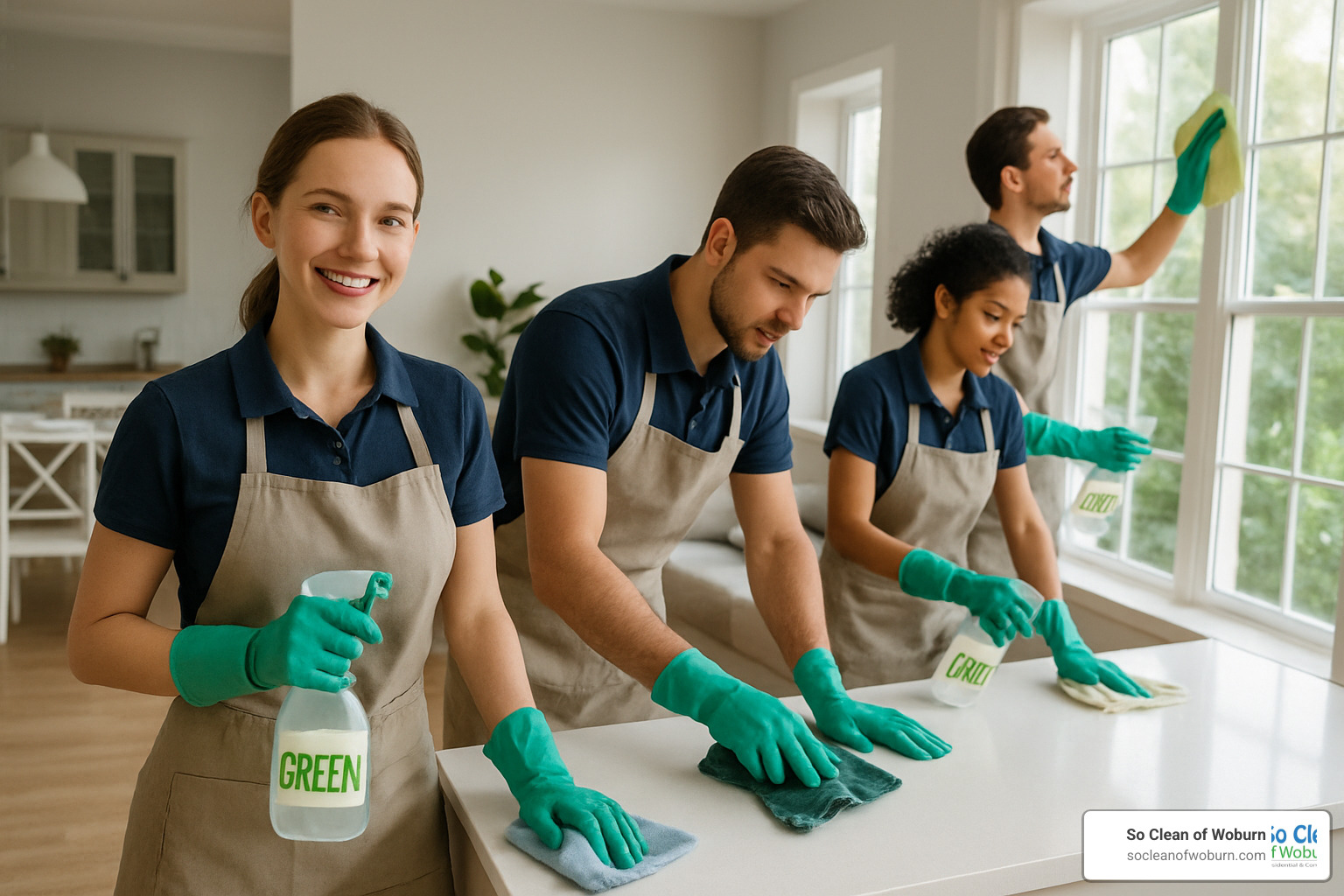 professional cleaning team using eco-friendly supplies in a bright home - green maid services