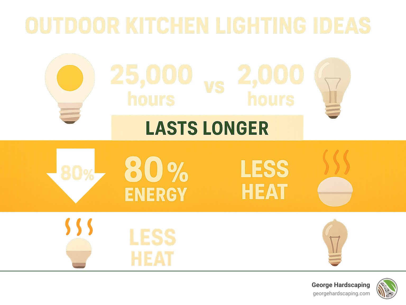 LED vs halogen comparison infographic showing LED lights lasting 25,000 hours vs 2,000 hours for halogen, using 80% less energy, and producing less heat - Outdoor kitchen lighting ideas infographic 