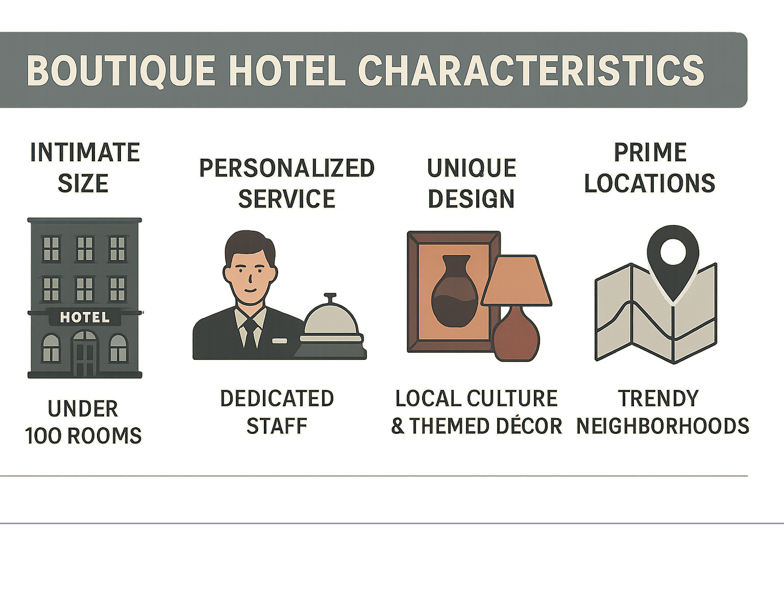 Infographic showing boutique hotel characteristics: intimate size with under 100 rooms, personalized service with dedicated staff, unique design featuring local culture and themed décor, prime locations in trendy neighborhoods, and curated experiences including local partnerships and cultural immersion - boutique hotel infographic 