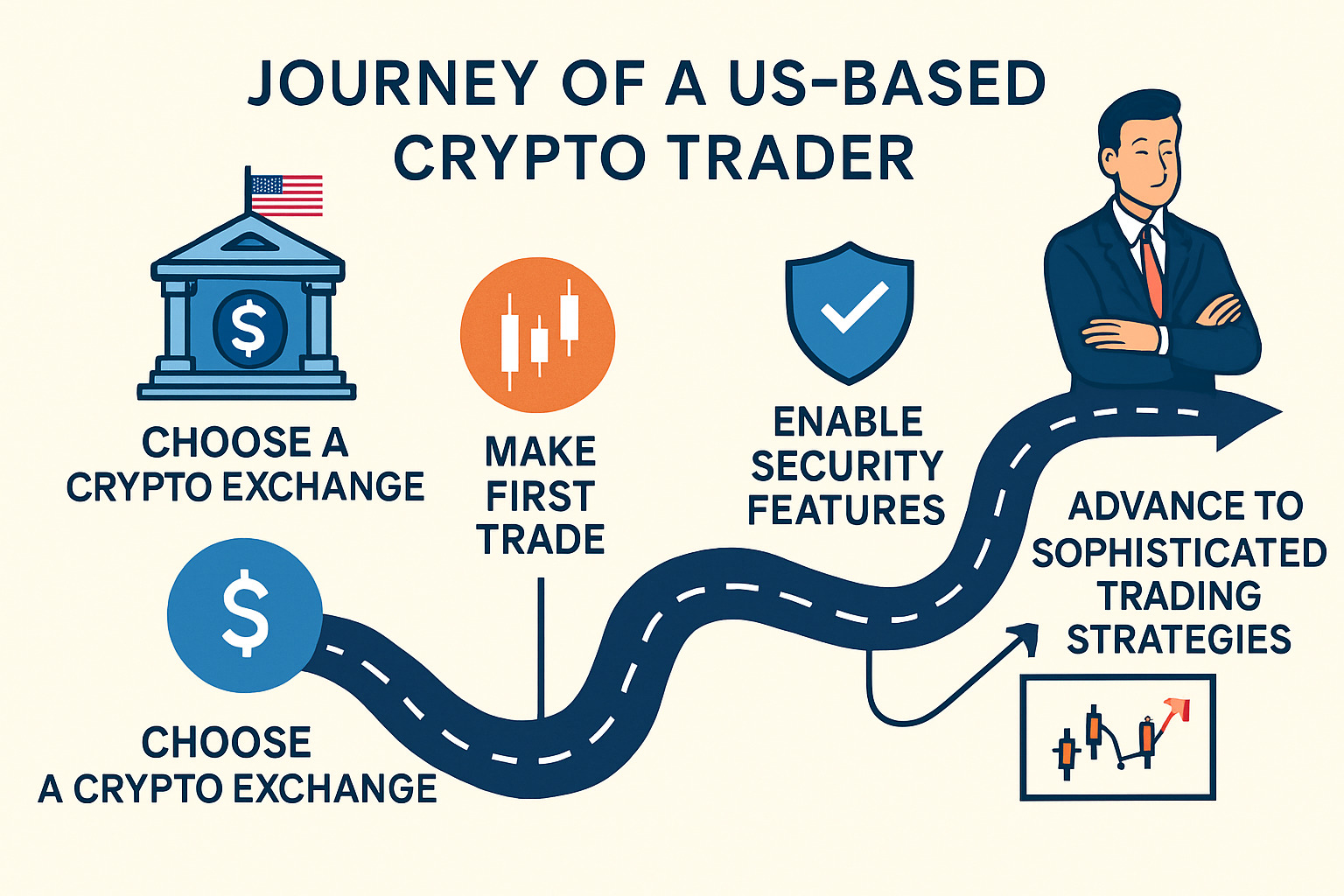 Roadmap showing the progression from beginner crypto trader to confident investor, including key milestones like choosing your first exchange, making your first trade, implementing security best practices, and developing advanced trading strategies - crypto exchange