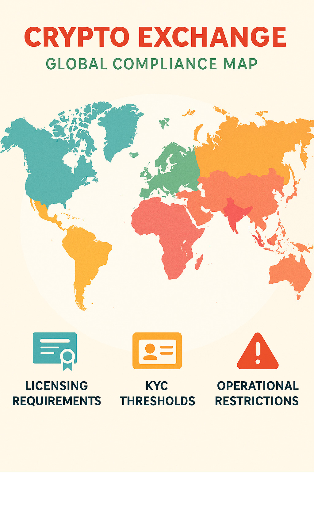 Global compliance map showing different regulatory approaches to cryptocurrency exchanges across major jurisdictions including licensing requirements, KYC thresholds, and operational restrictions - crypto exchange infographic