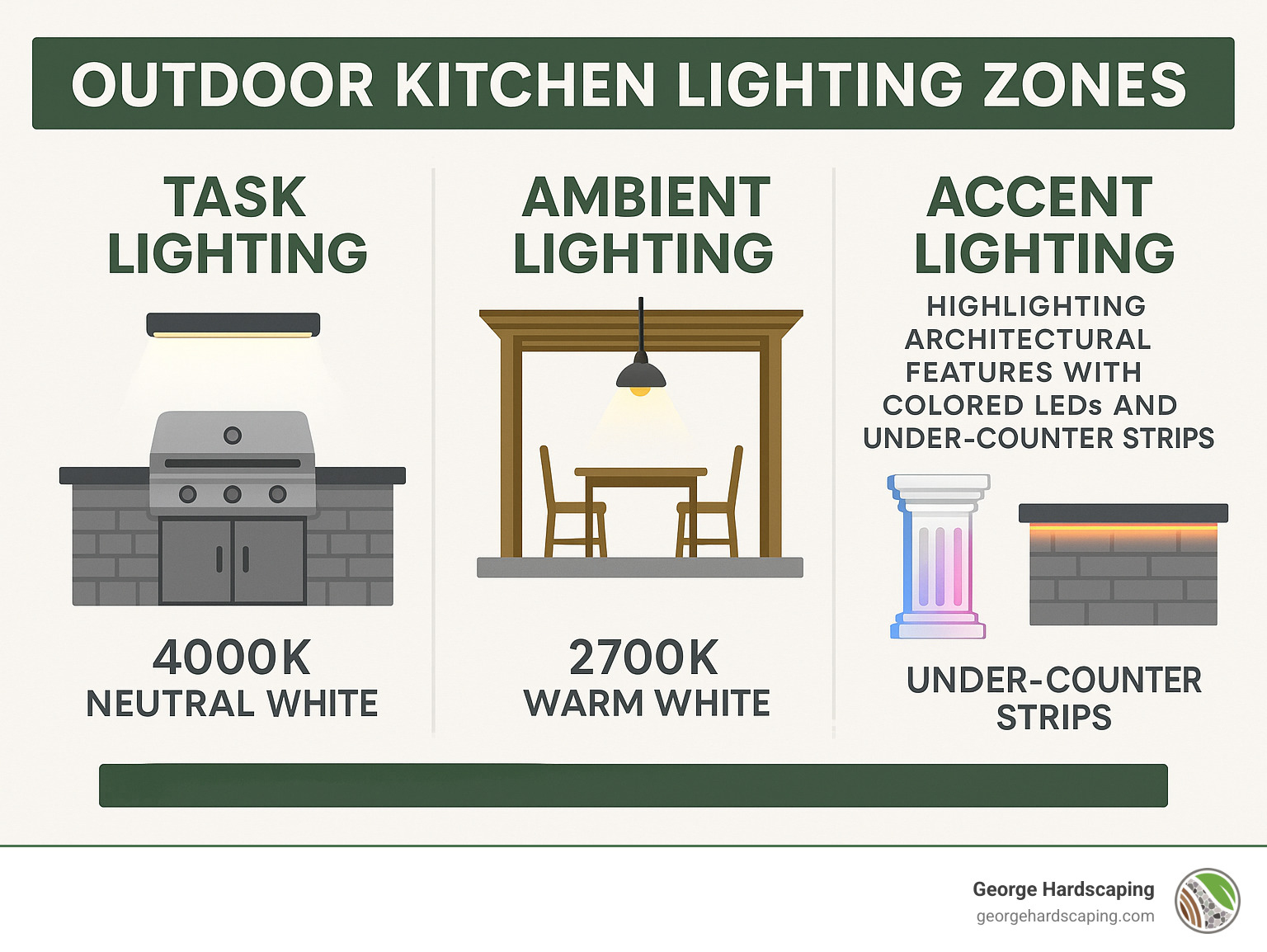 Outdoor kitchen lighting zones infographic showing task lighting over grill and prep areas at 4000K neutral white, ambient lighting over dining areas at 2700K warm white, and accent lighting highlighting architectural features with colored LEDs and under-counter strips - Outdoor kitchen lighting ideas infographic 
