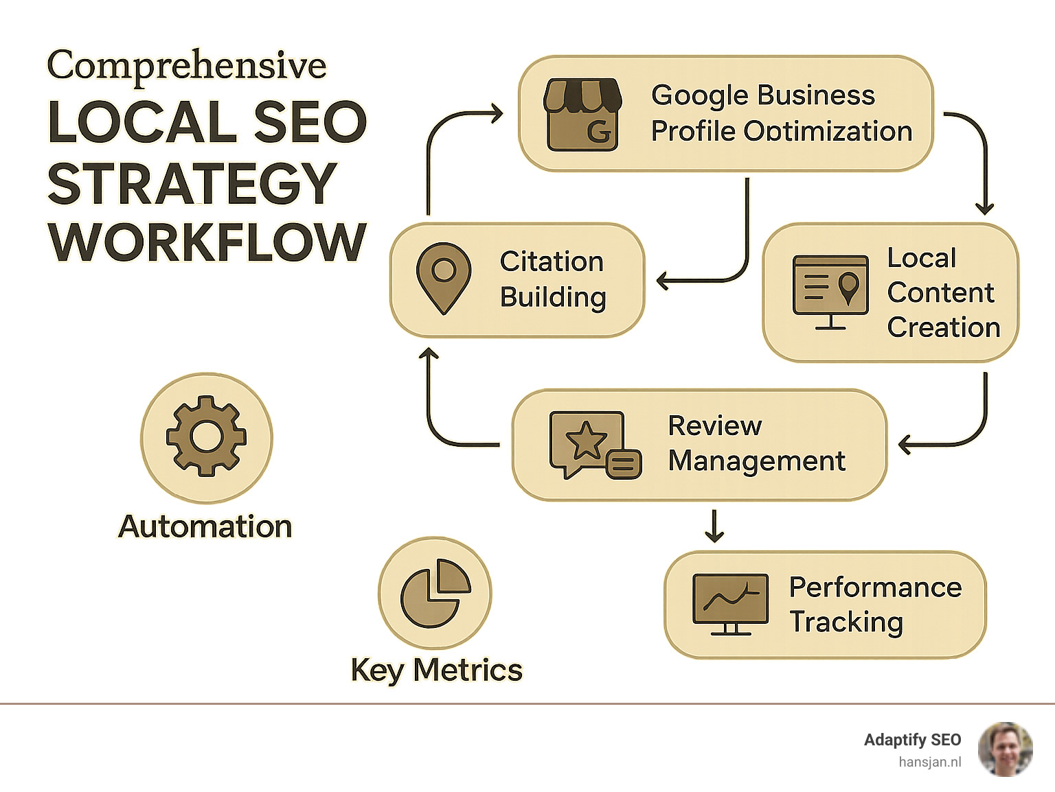 Comprehensive local SEO strategy workflow showing Google Business Profile optimization, citation building, review management, local content creation, and performance tracking with key metrics and automation touchpoints - local SEO strategies infographic