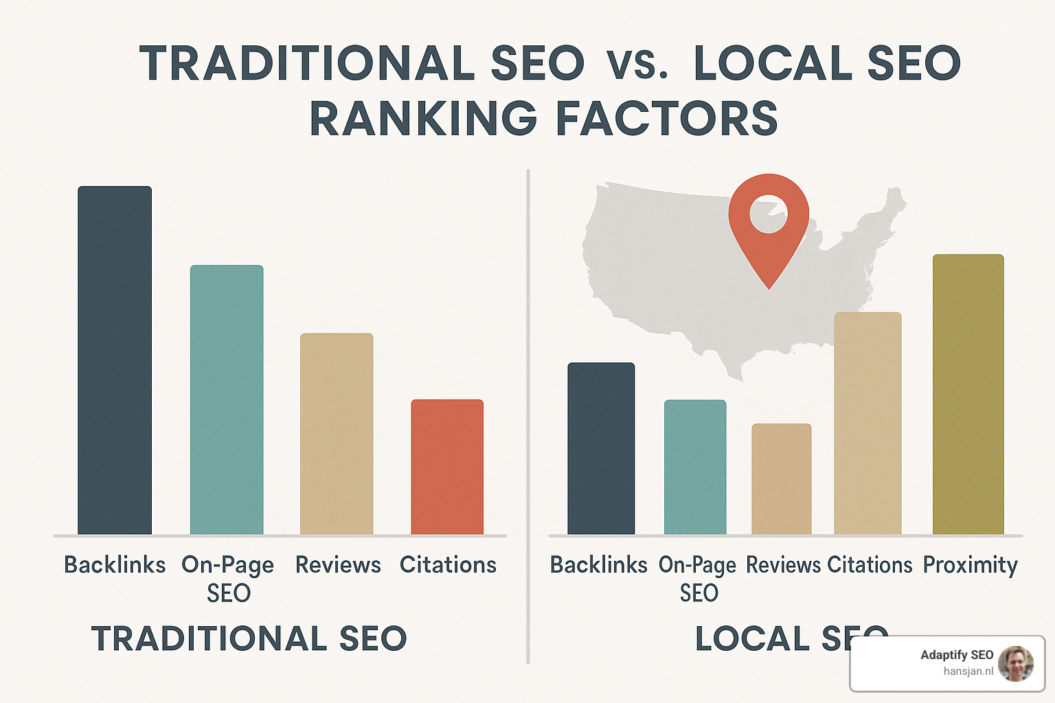 Local SEO ranking factors comparison showing traditional SEO vs local SEO priorities - local SEO strategies