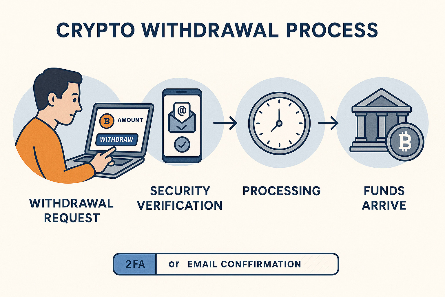 Detailed withdrawal workflow showing the steps from initiating a withdrawal request through security verification, processing times, and final receipt of funds - crypto exchange
