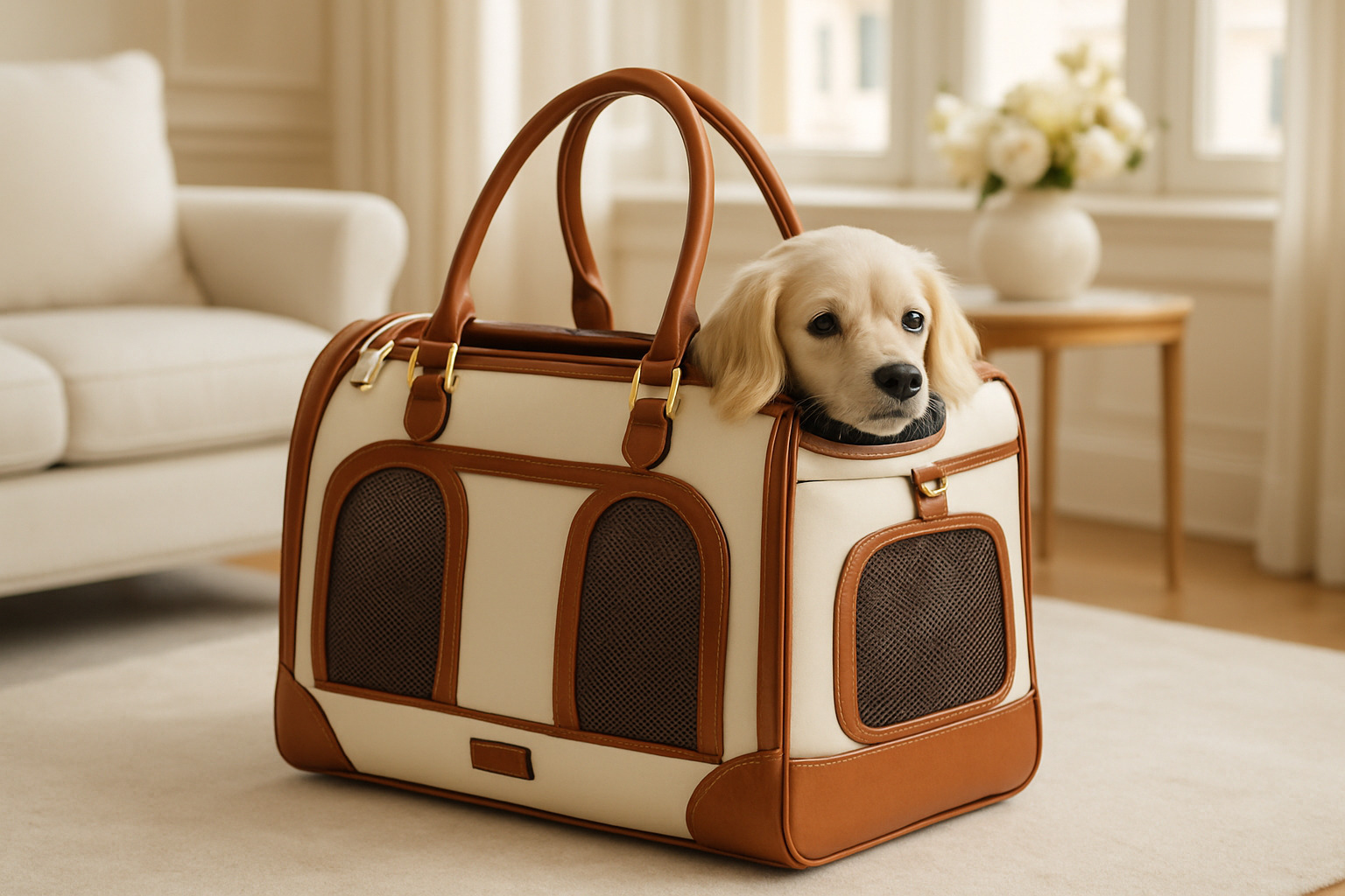 Neat pet carrier with leather trim and ventilation panels - upscale dog accessories