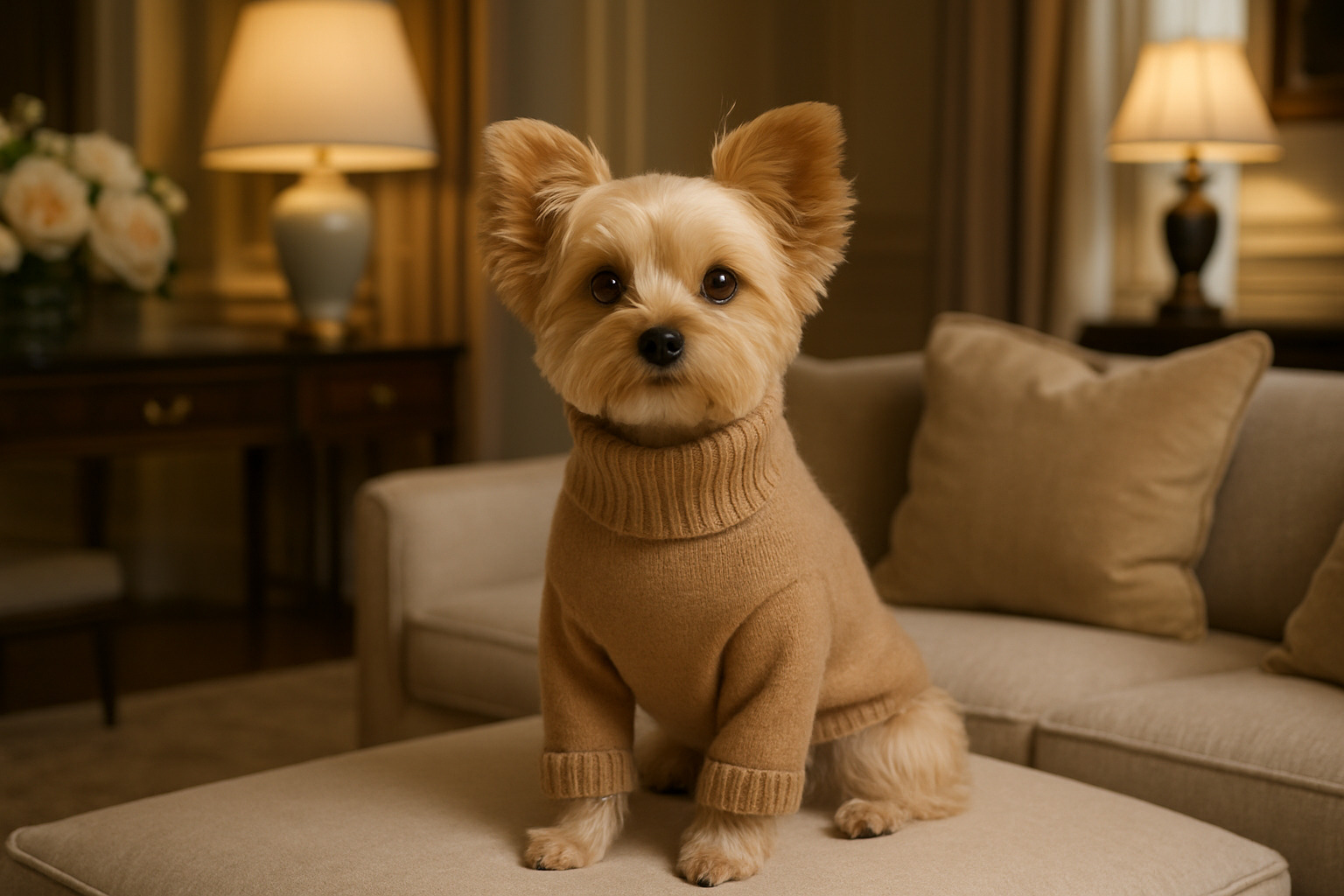 Dog wearing a cashmere sweater in an neat setting - upscale dog accessories